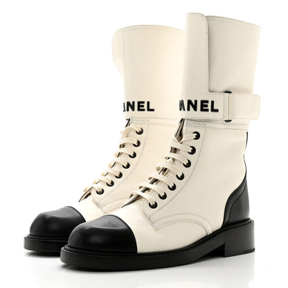 Chanel Calfskin Lace Up Logo Mid Calf Combat Boots 38 White Black 3 of 8