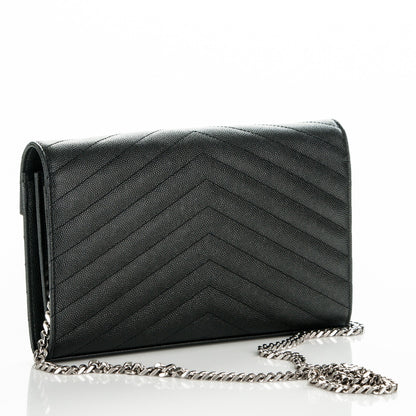 Saint Laurent Grain De Poudre Matelasse Chevron Medium Monogram Chain Wallet Black 3 of 6