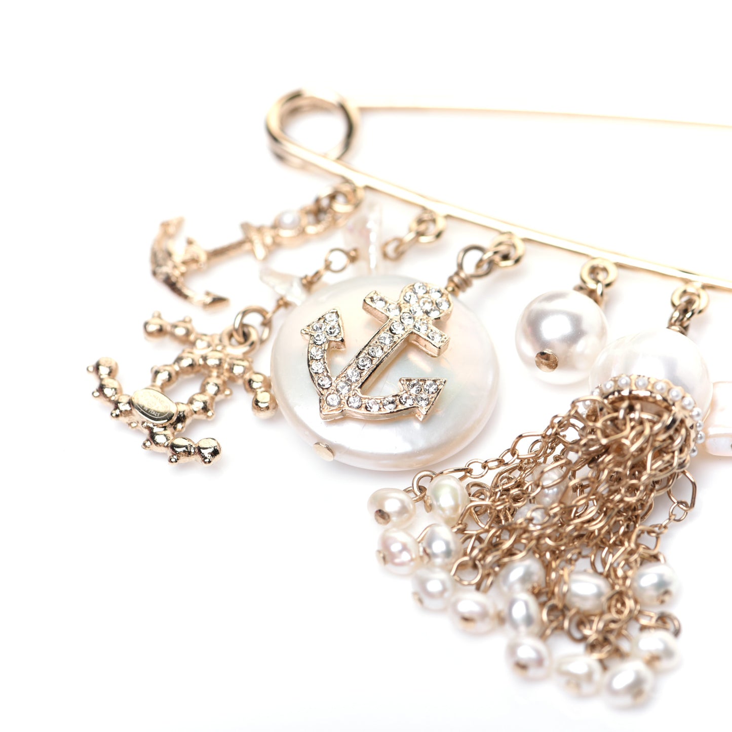 Pearl Crystal CC Charms Safety Pin Brooch Gold