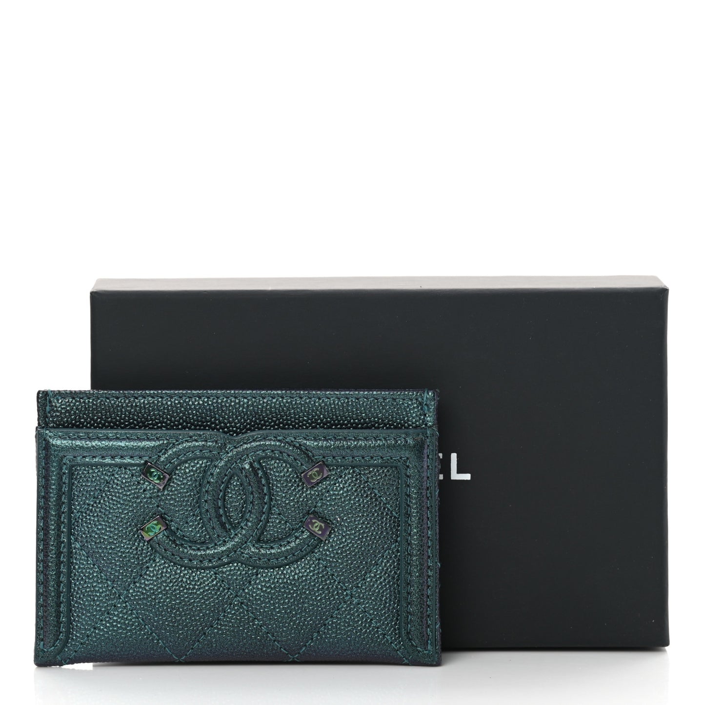 Iridescent Caviar Quilted Filigree Card Holder Dark Turquoise