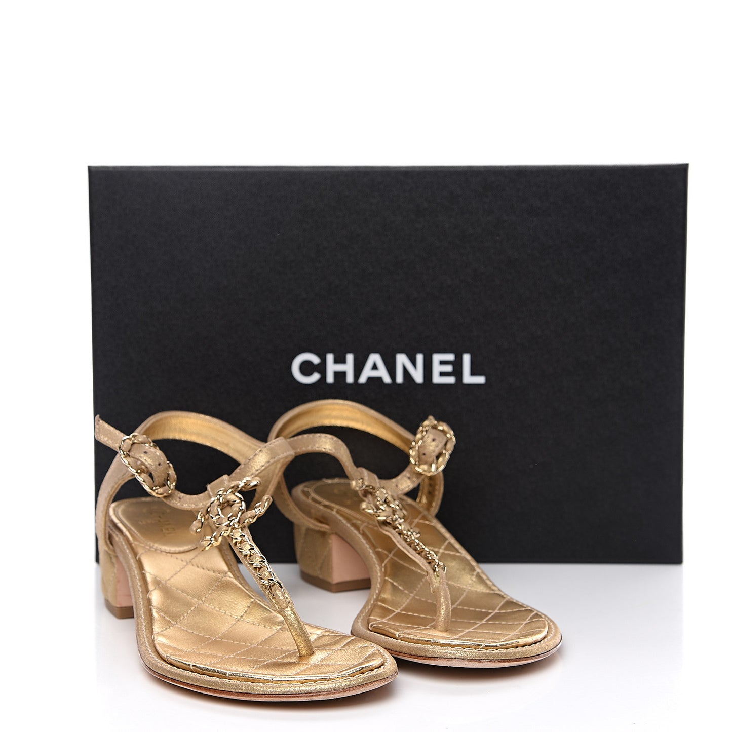 Metallic Lambskin Chain CC Logo Thong Sandals 37.5 Gold