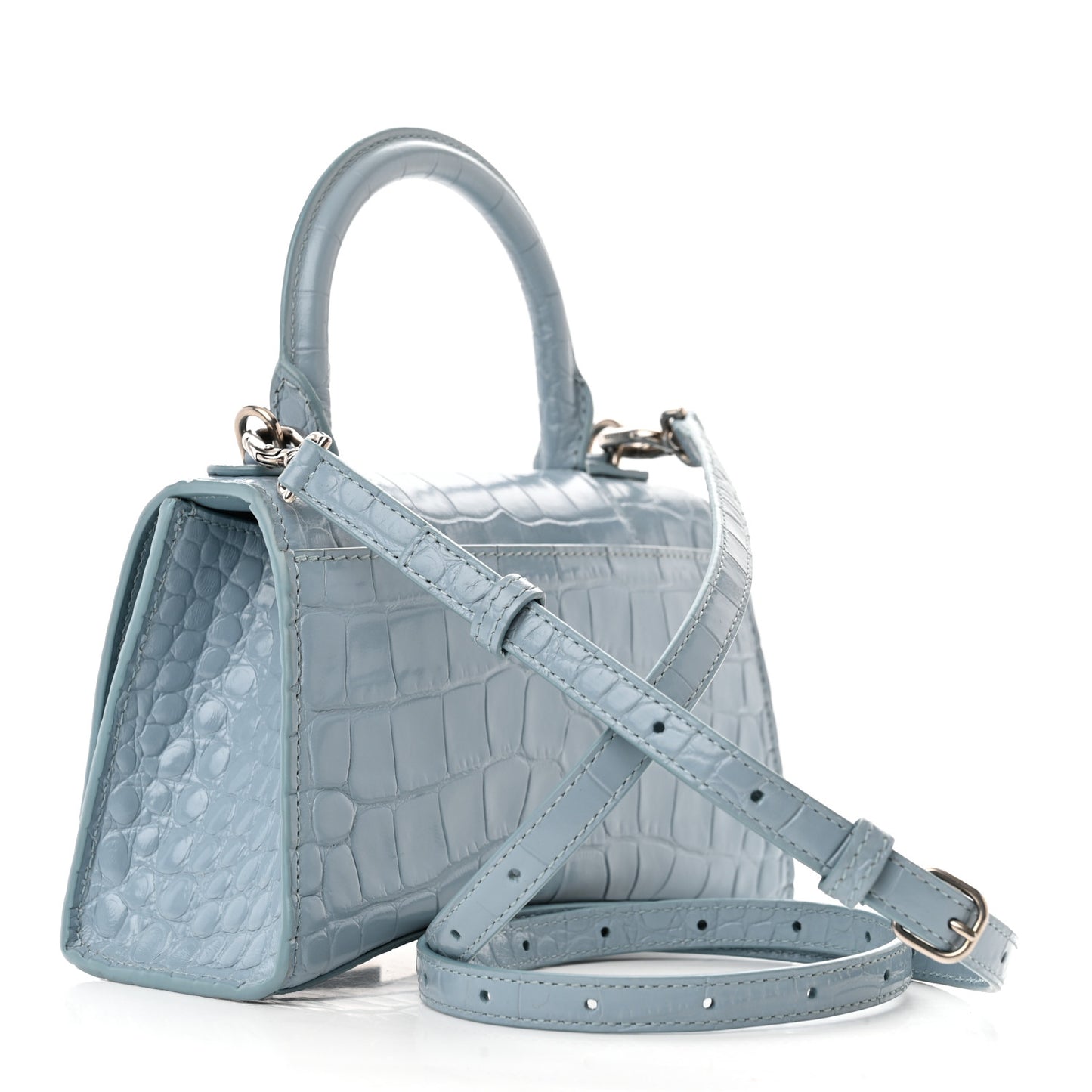 Shiny Calfskin Crocodile Embossed Hourglass Top Handle Bag XS Blue Grey