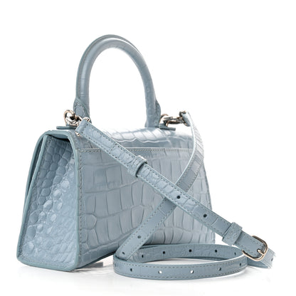 Balenciaga Shiny Calfskin Crocodile Embossed Hourglass Top Handle Bag XS Blue Grey 3 of 15