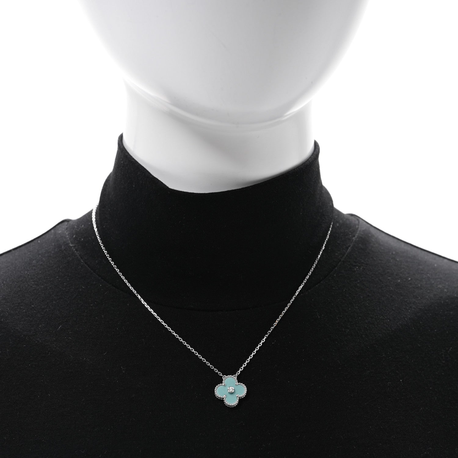 Van Cleef & Arpels 18K White Gold Diamond Celadon Green Sevres Porcelain Vintage Alhambra Pendant Necklace 2 of 5