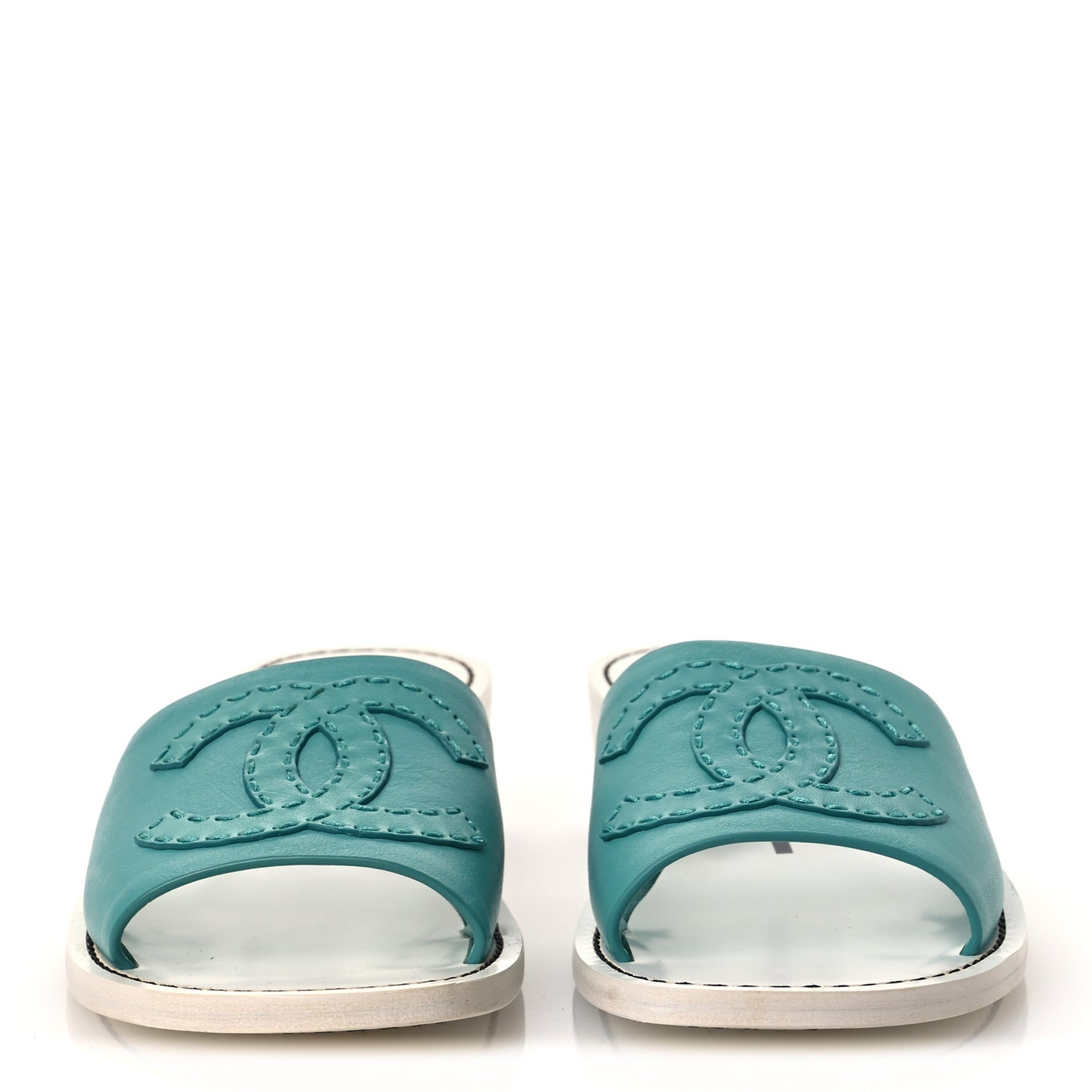Calfskin CC Mules 38.5 Turquoise White