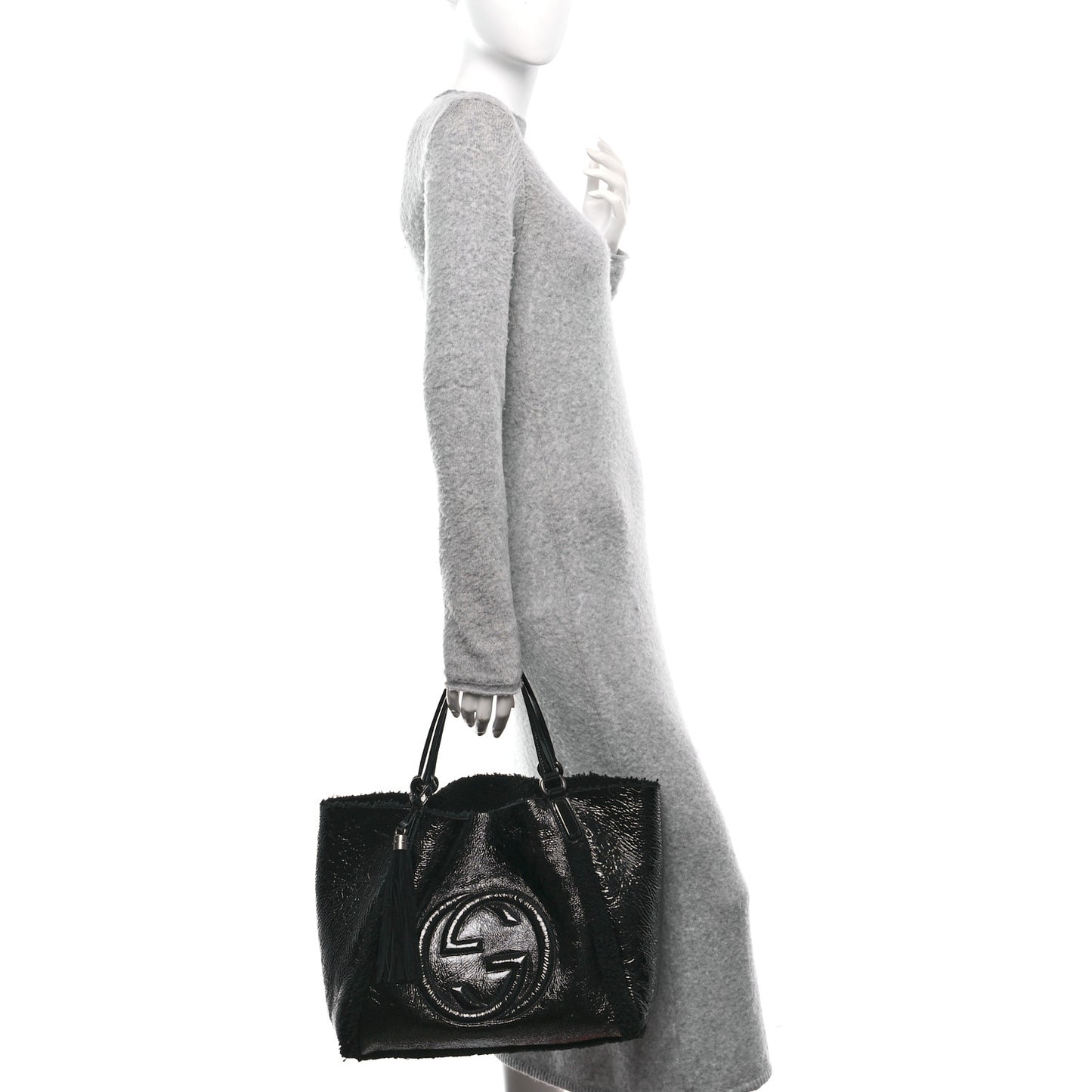 Patent Shearling Medium Soho Shoulder Bag Black