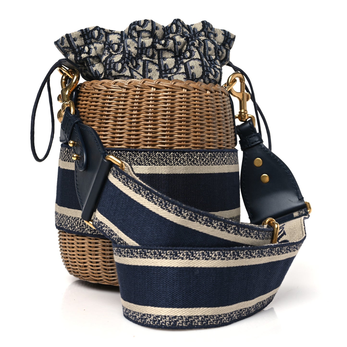 Wicker Oblique Drawstring Bucket Bag Blue