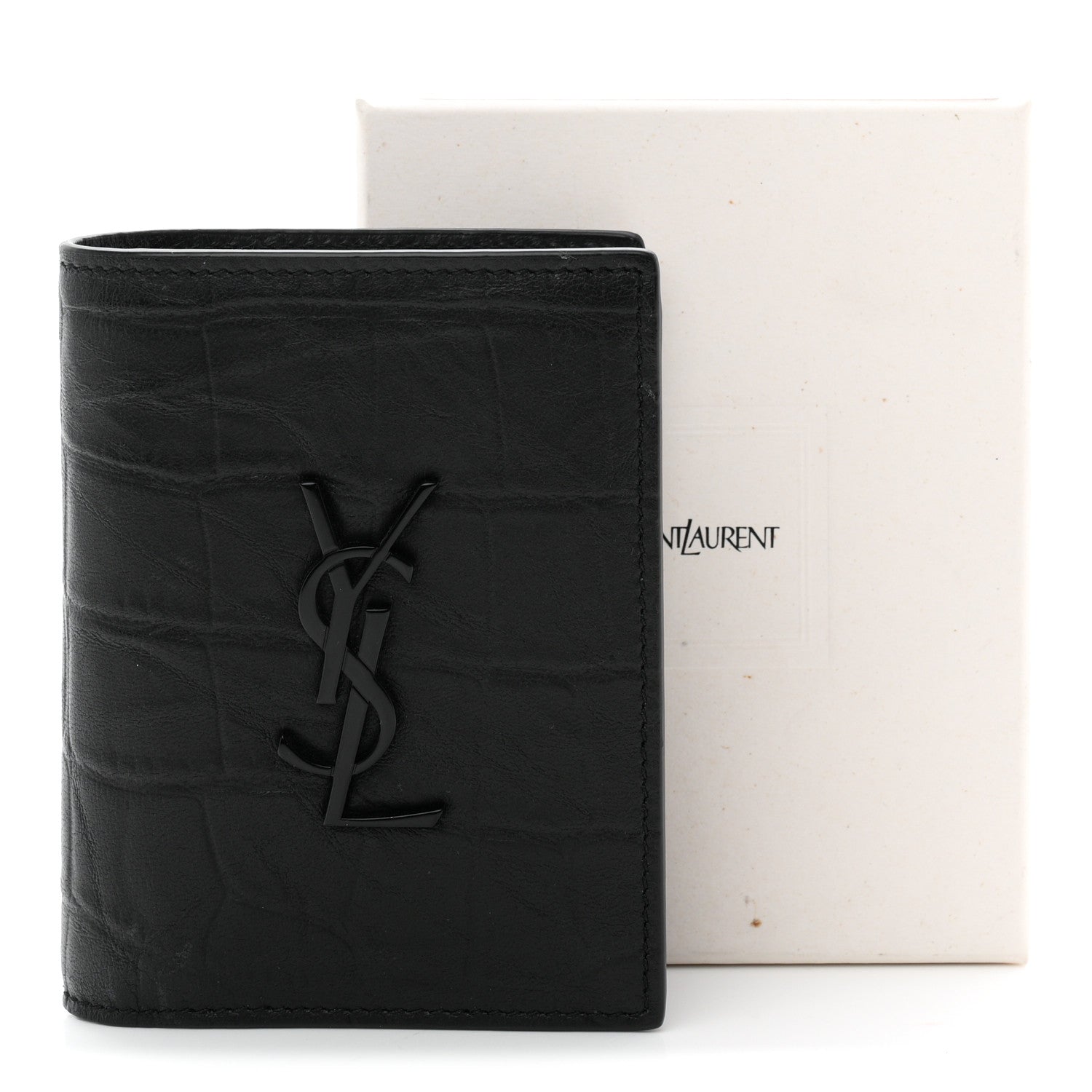 Saint Laurent Crocodile Embossed Calfskin Cassandre Credit Card Wallet Black 7 of 7