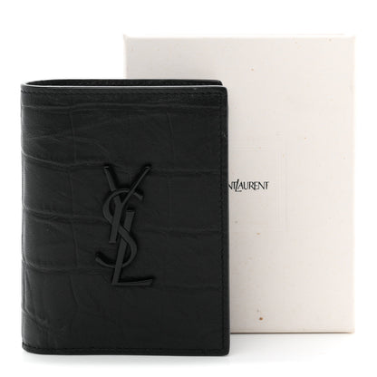 Saint Laurent Crocodile Embossed Calfskin Cassandre Credit Card Wallet Black 7 of 7