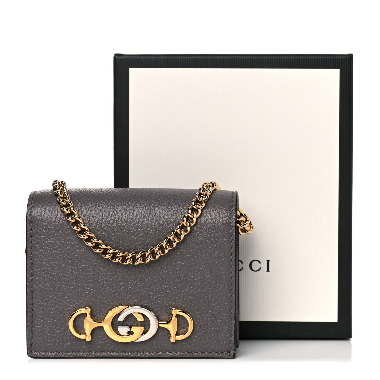 Grainy Calfskin Zumi Chain Card Case Wallet Dusty Grey