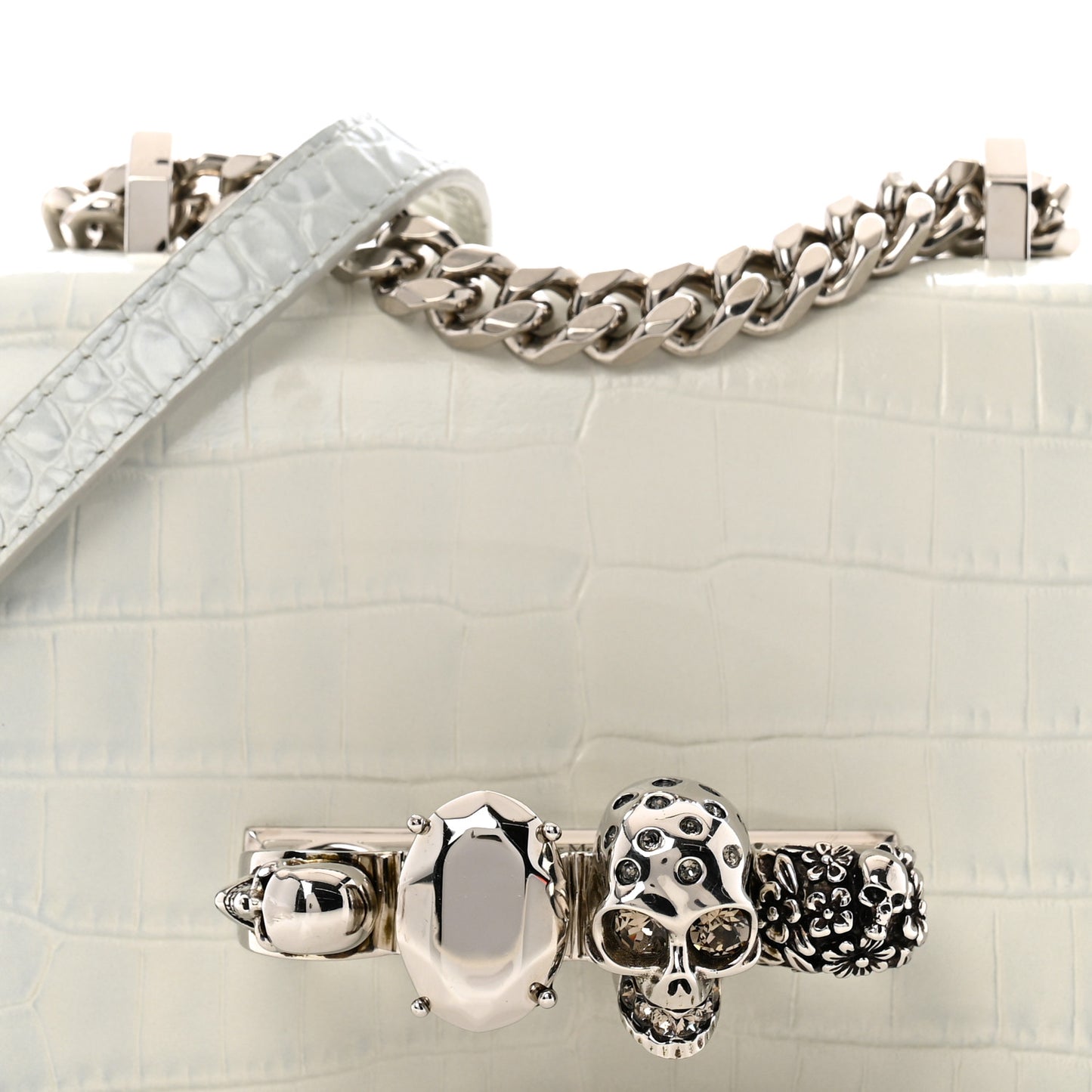 Calfskin Shiny Crocodile Embossed Mini Ombrè Jeweled Satchel Ivory Grey