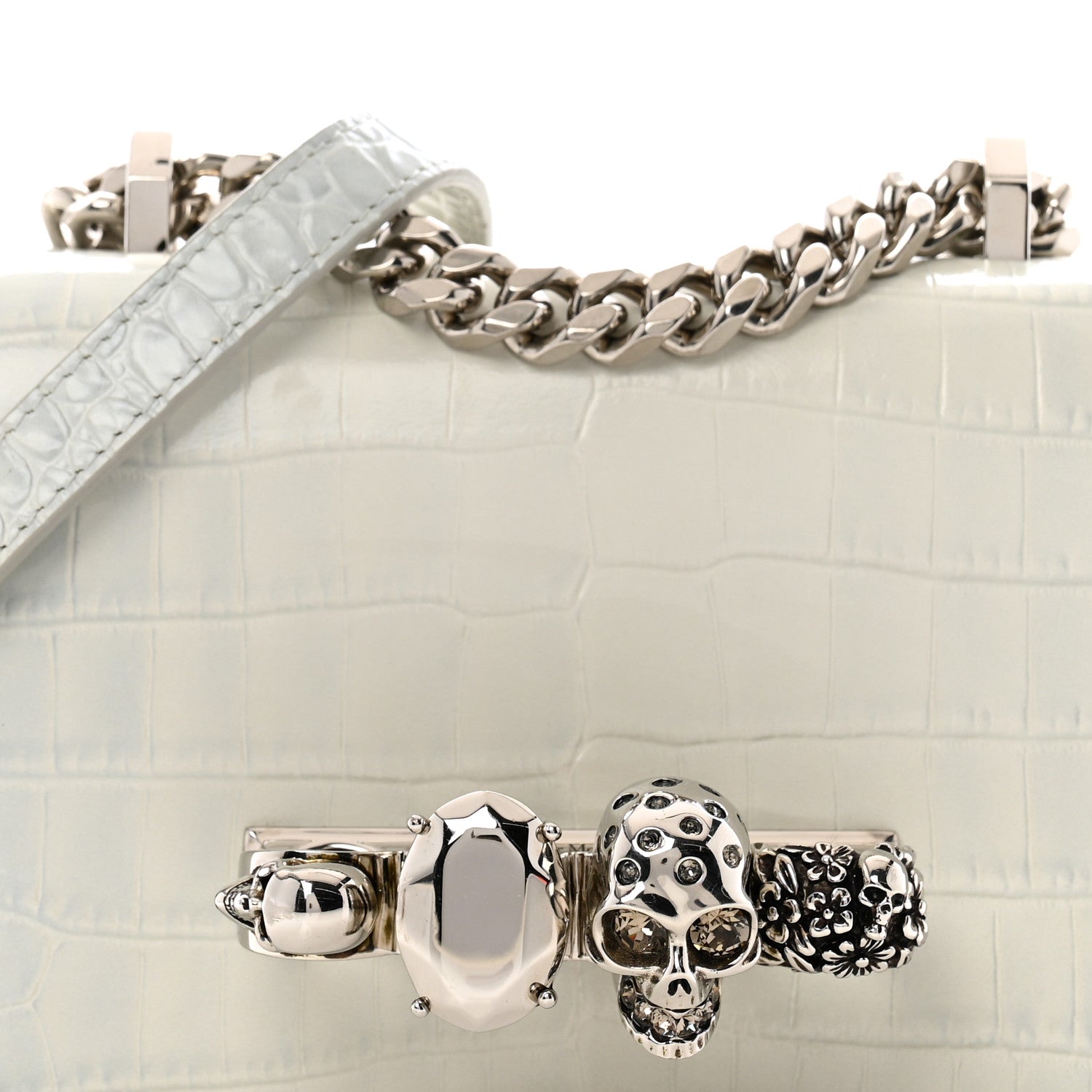 Alexander McQueen Calfskin Shiny Crocodile Embossed Mini Ombrè Jeweled Satchel Ivory Grey 7 of 12