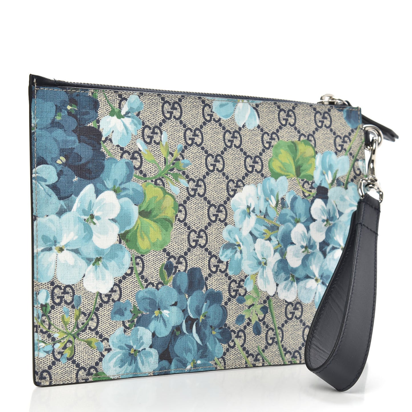GG Supreme Monogram Blooms Small Zip Wristlet Pouch Beige Blue Black