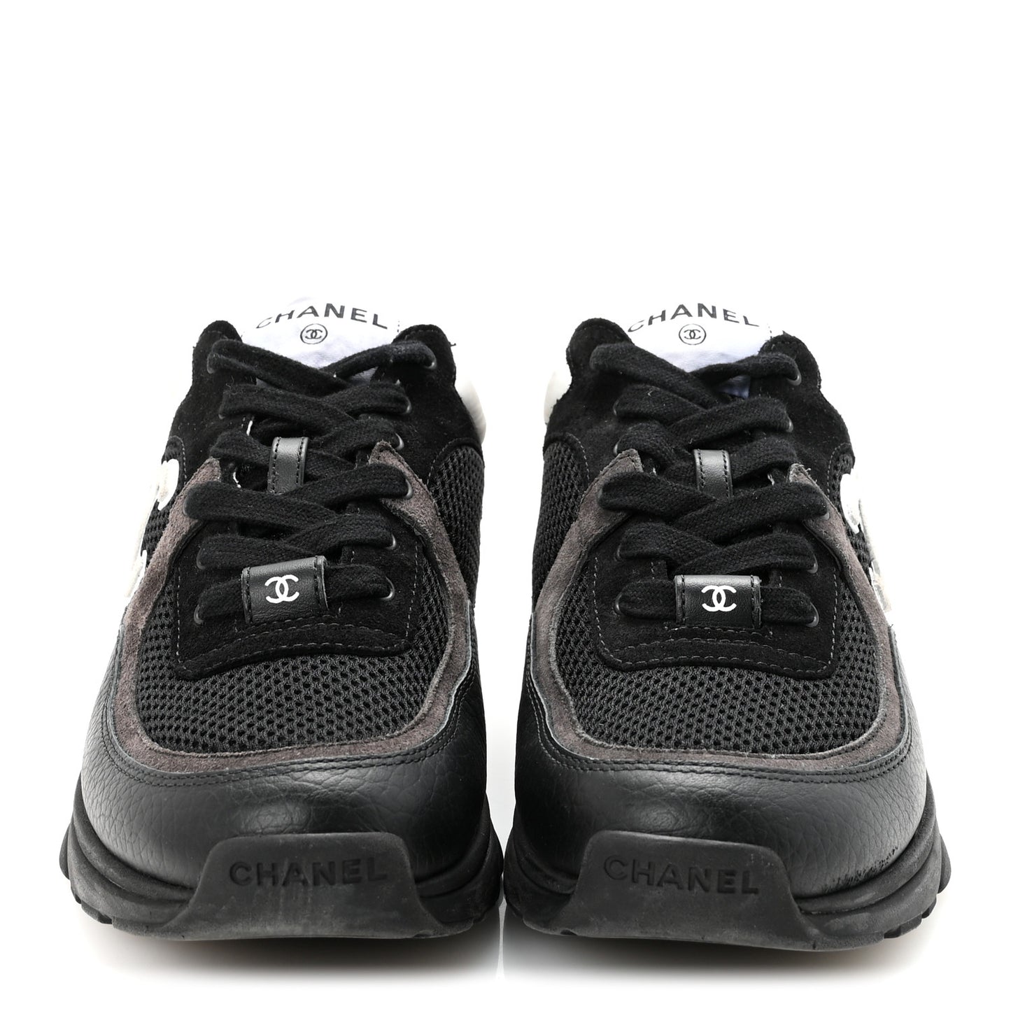 Mesh Suede Grained Calfskin Womens CC Sneakers 38 Black White 38 Black White