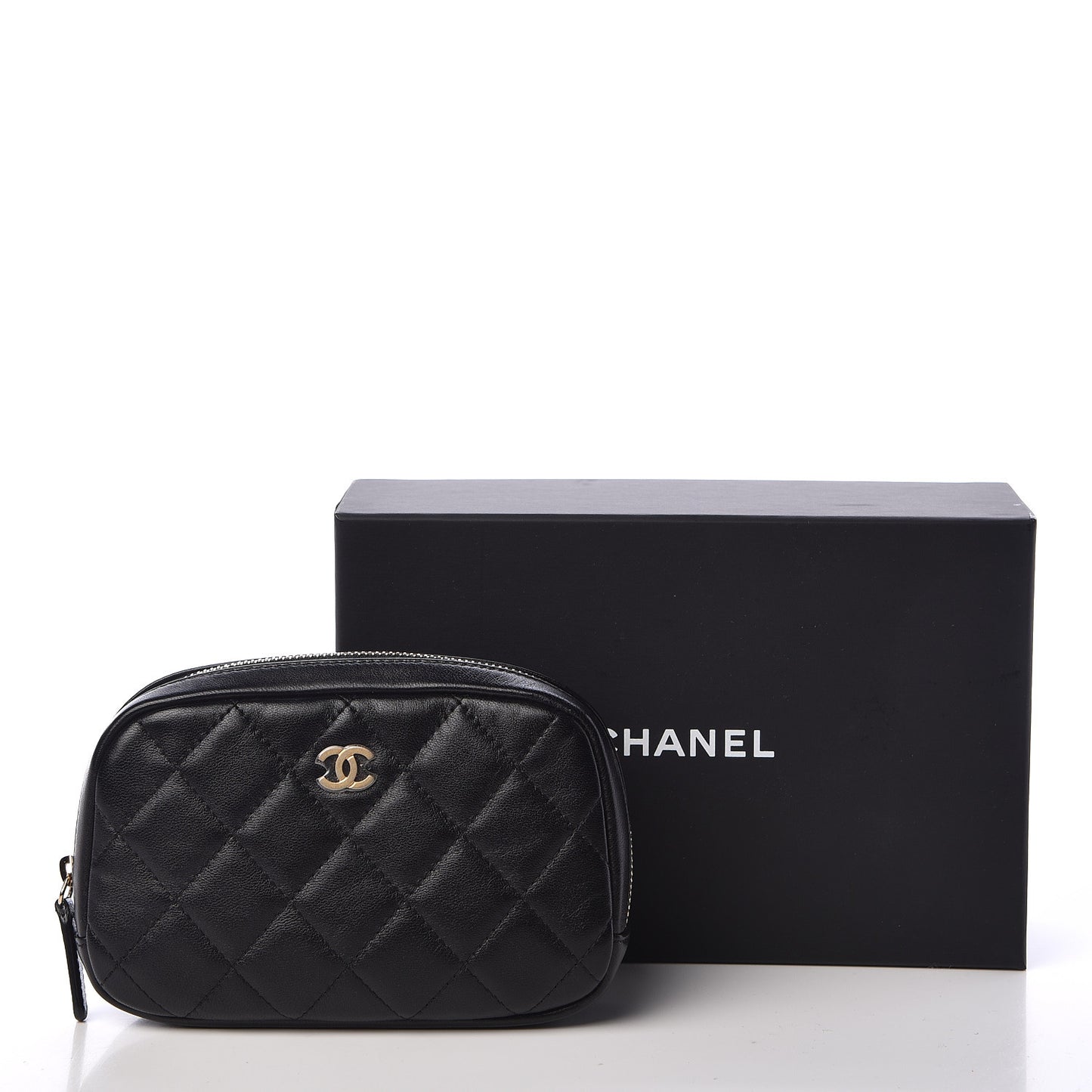 Lambskin Quilted Small Curvy Pouch Cosmetic Case Black