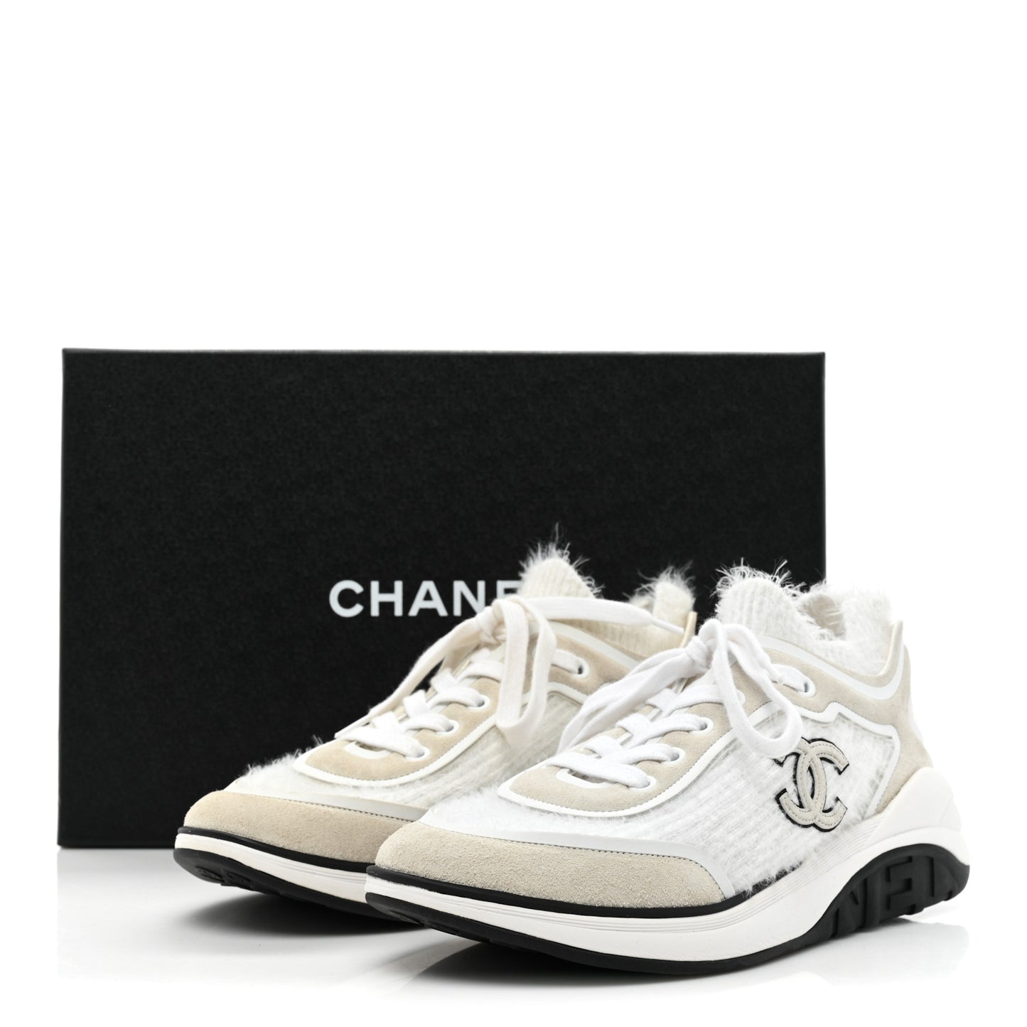 Fabric Calfskin Suede CC Womens Sneakers 38 White