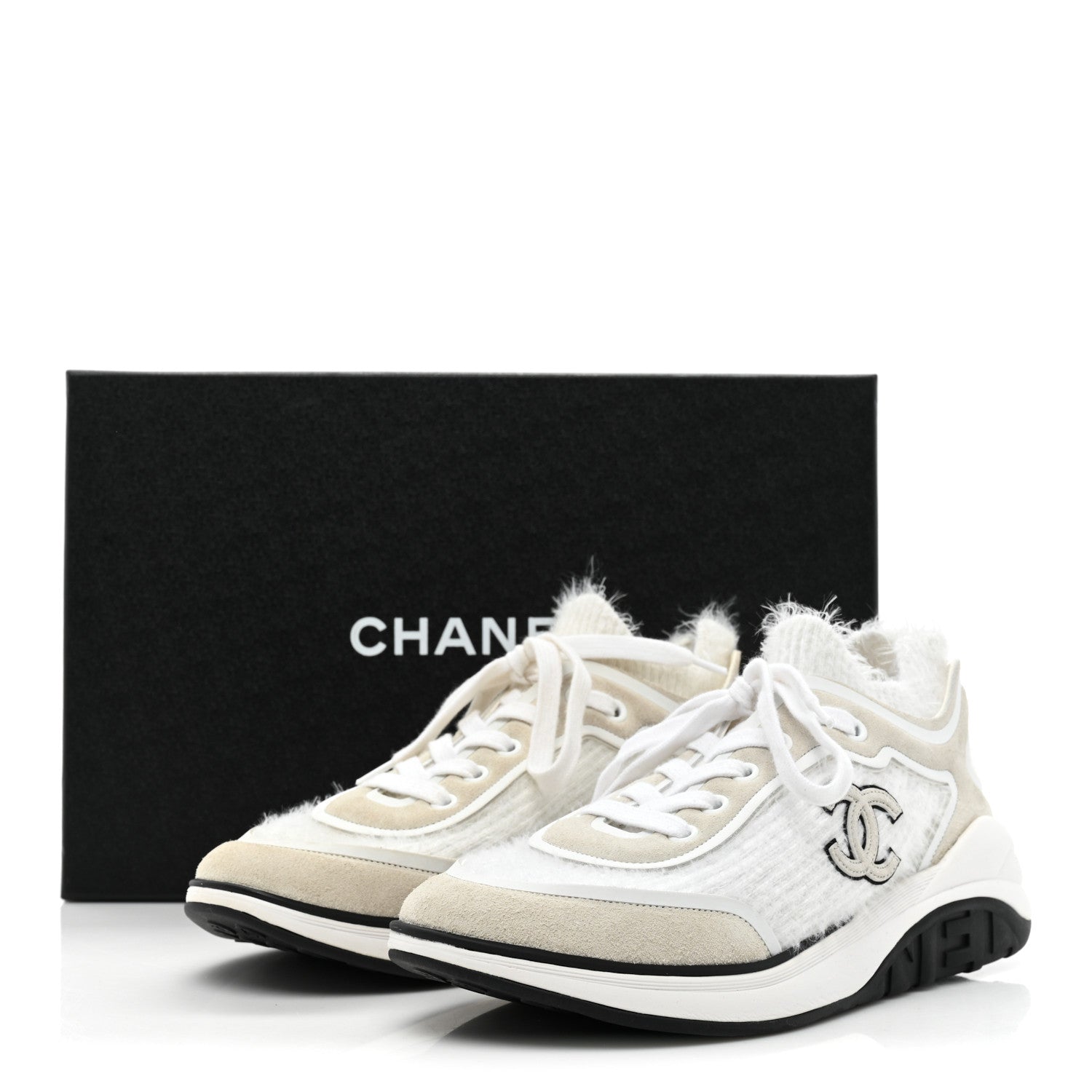 Chanel Fabric Calfskin Suede CC Womens Sneakers 38 White 7 of 7