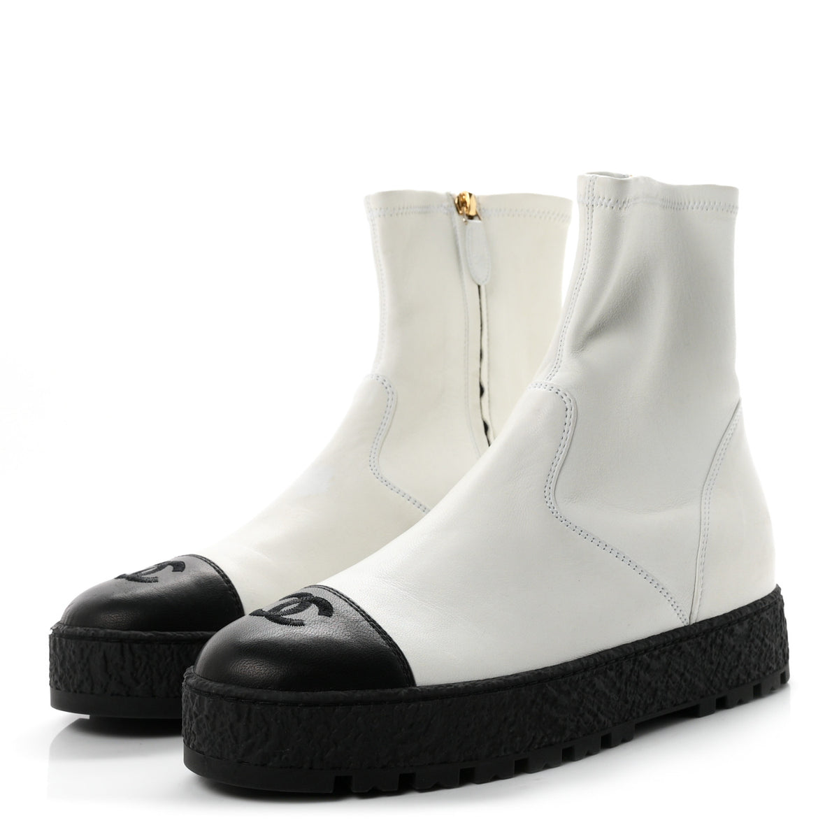 Chanel Stretch Lambskin Cap Toe CC Ankle Boots 38 White Black 4 of 10