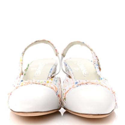 Chanel Tweed Lambskin Cap Toe CC Slingback Pumps 39 White Multicolor 3 of 11