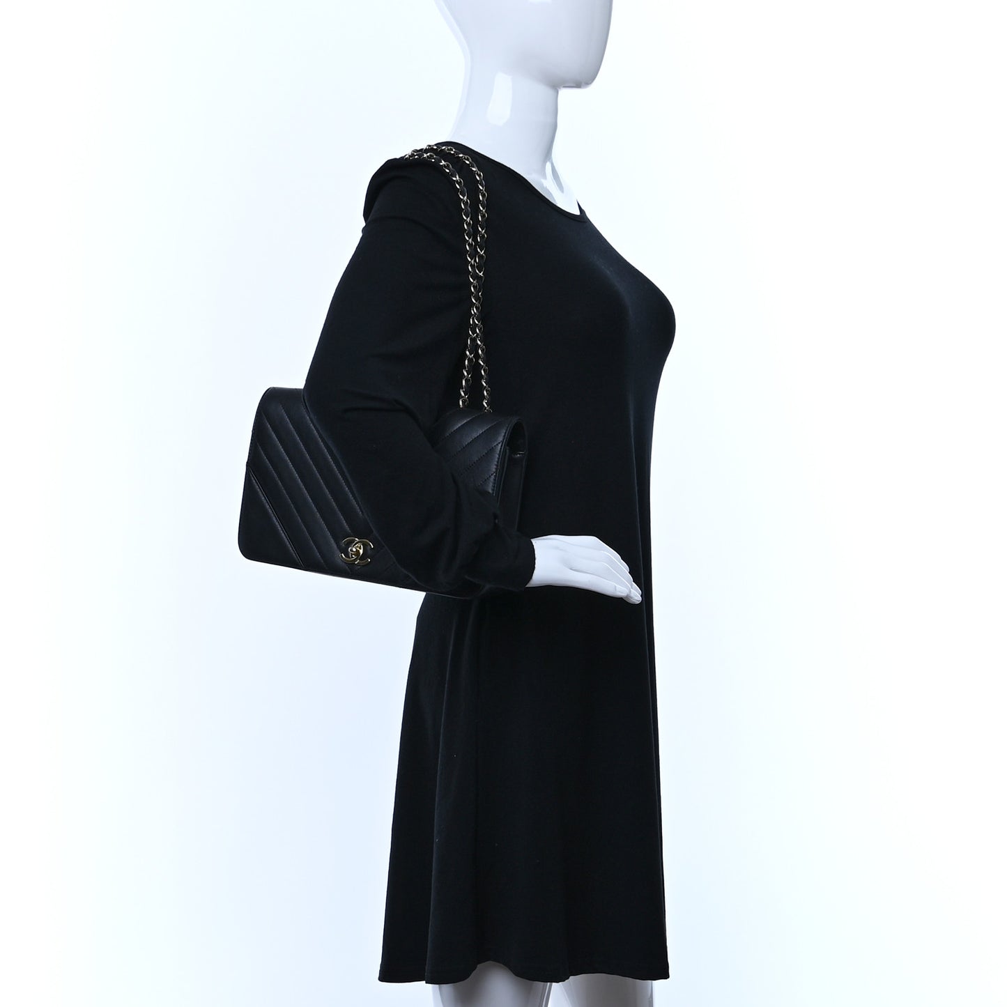 Calfskin Chevron Quilted Large Statement Flap Black