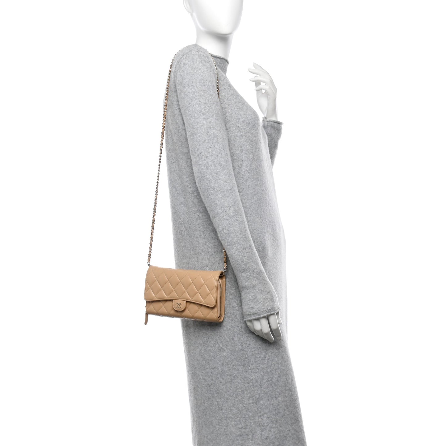 Lambskin Quilted Phone Holder Wallet on Removable Chain Beige