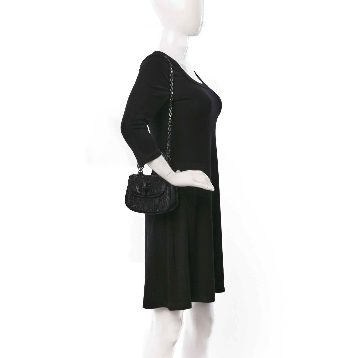 Gucci Moire Fabric Calfskin Rhinestone Monogram Monochrome Lizard Embossed Mini Bamboo 1947 Top Handle Chain Bag Black 2 of 7