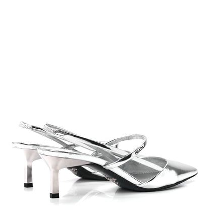 Prada Metallic Calfskin Pointed Toe 55mm Slingback Pumps 38 Argento 4 of 7