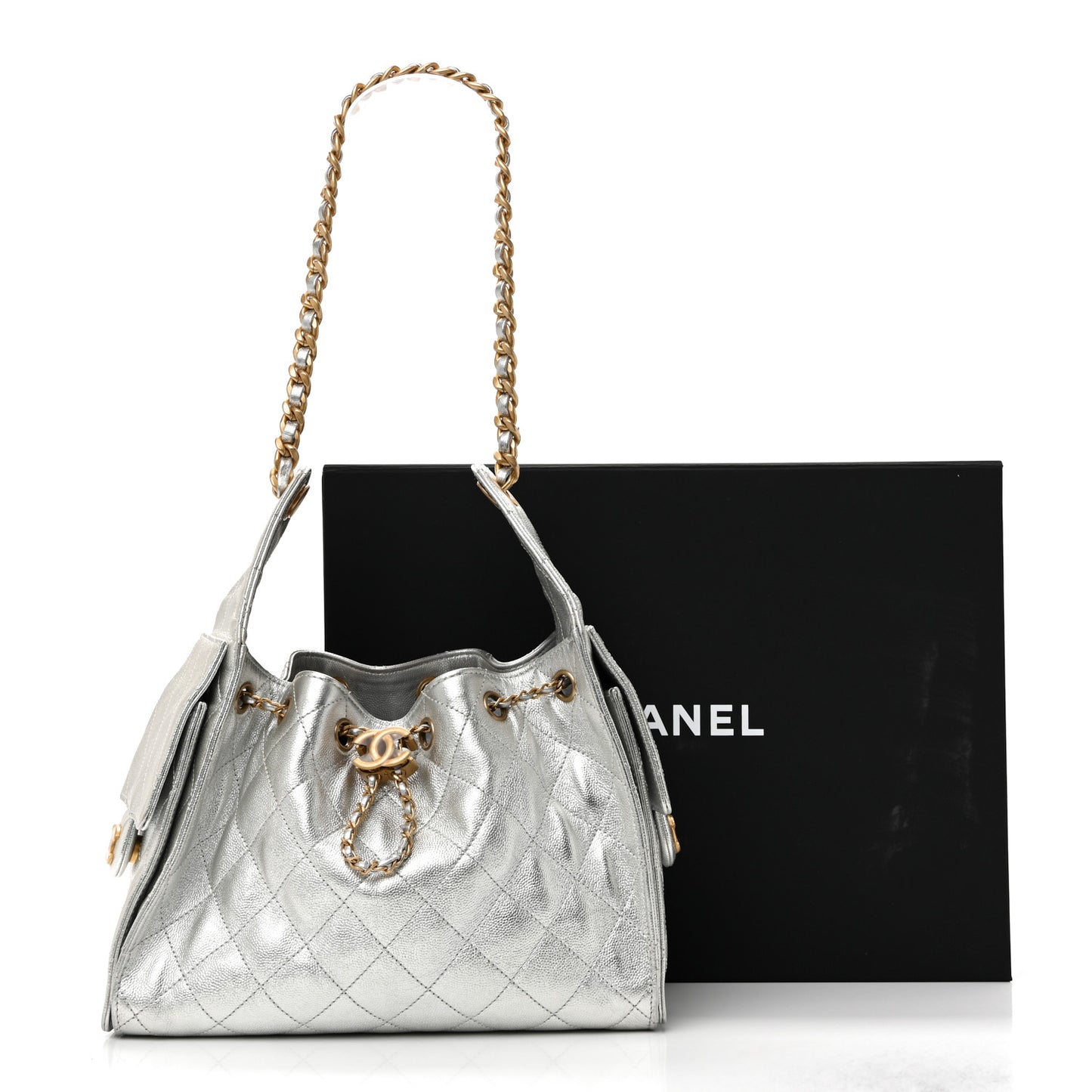 Metallic Caviar Quilted Small Chanel 25 Handbag Silver