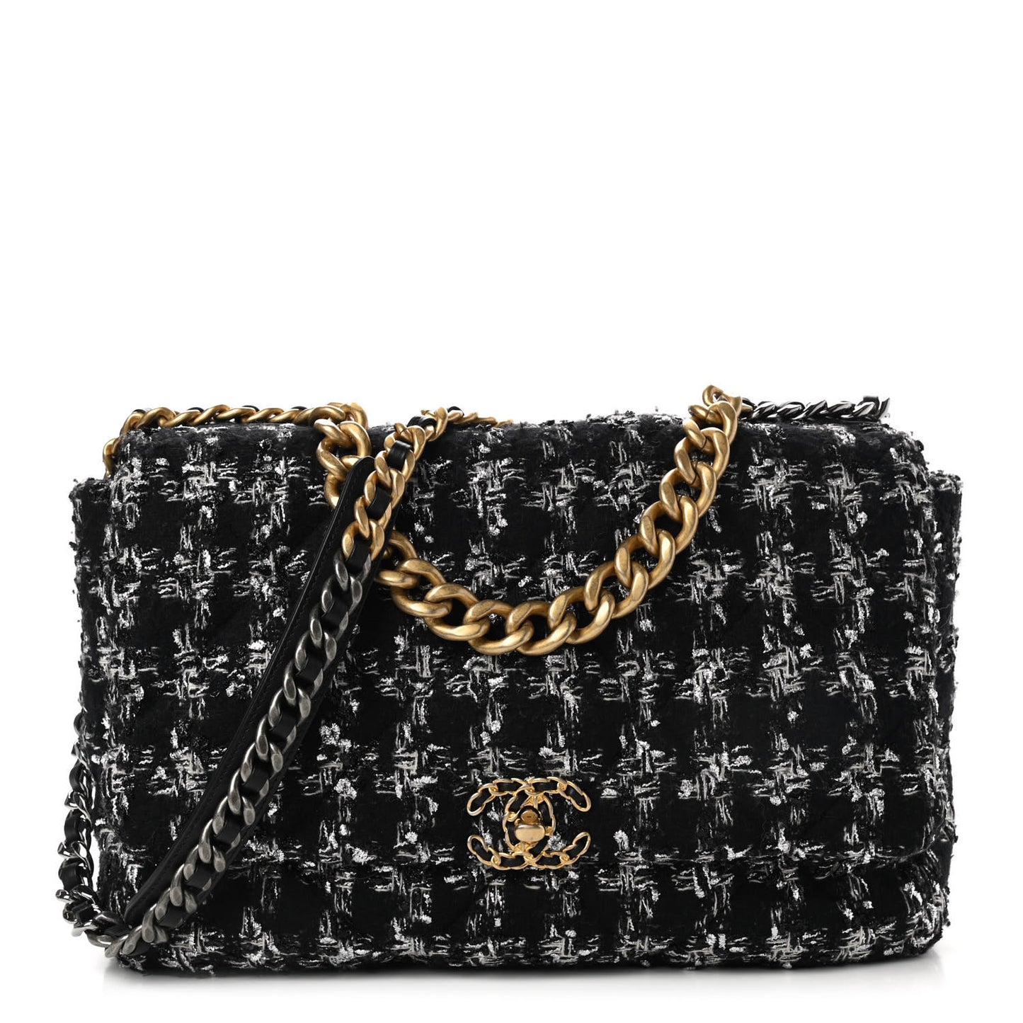 Tweed Quilted Maxi Chanel 19 Flap Black Silver Ecru