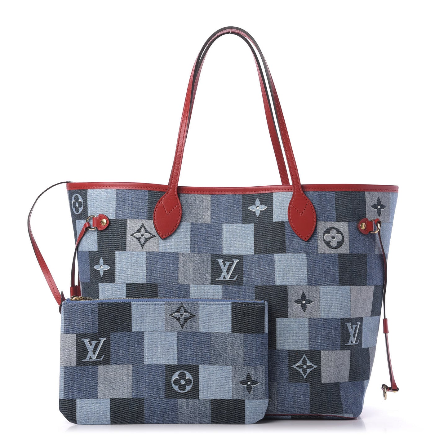 Denim Damier Monogram Patchwork Neverfull Blue Rouge