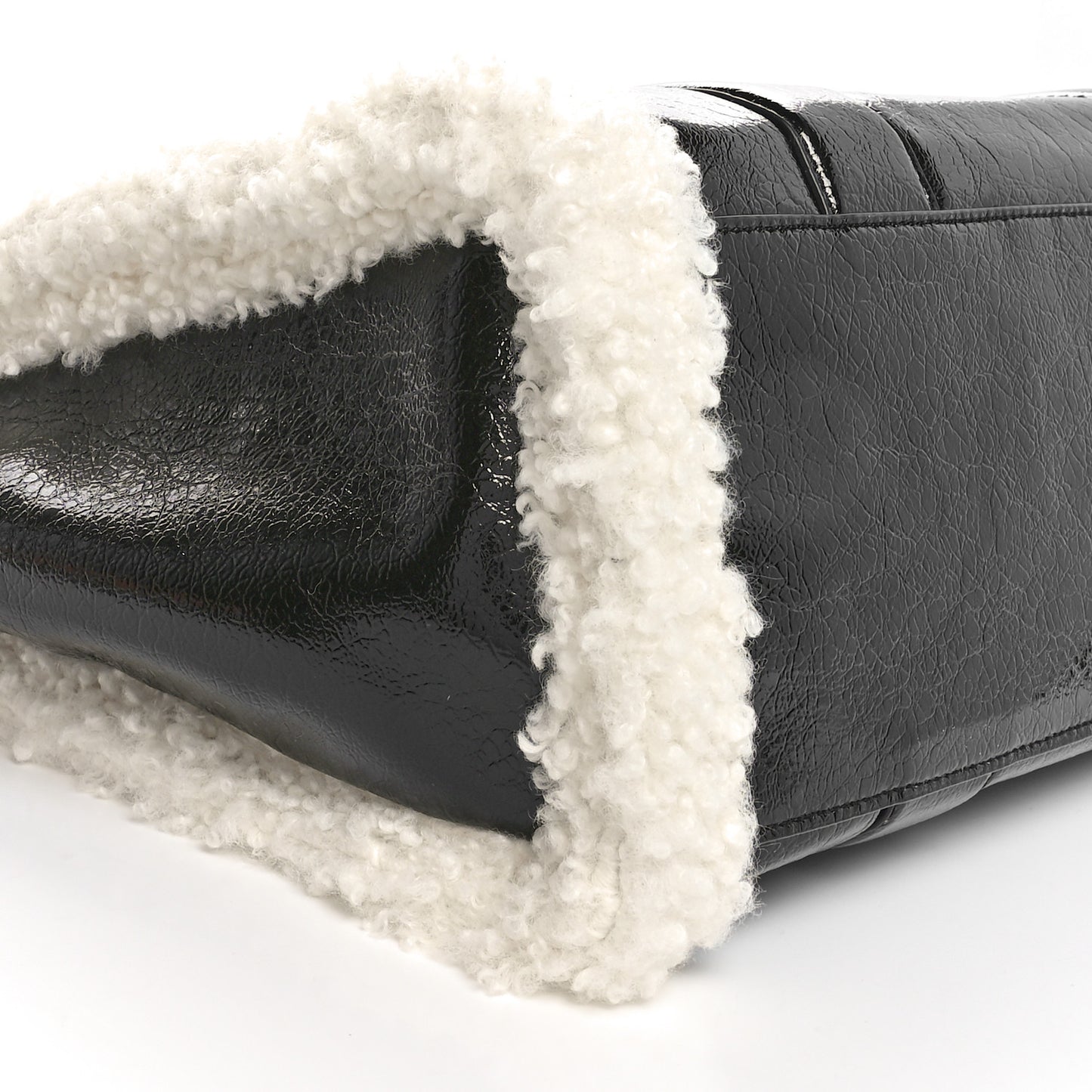 Shiny Calfskin Faux Shearling Large The Traveler Tote Bag Black