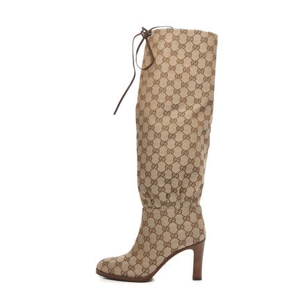 Gucci Monogram Malaga Kid Lisa Mid Heel Boots 37.5 Beige Ebony 1 of 7