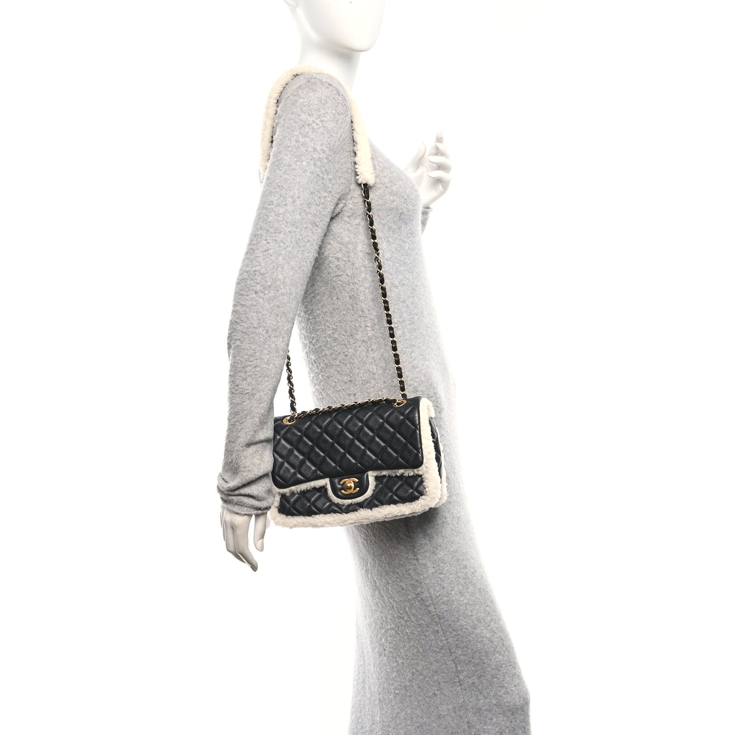 Lambskin Shearling Large CC Flap Bag Black White