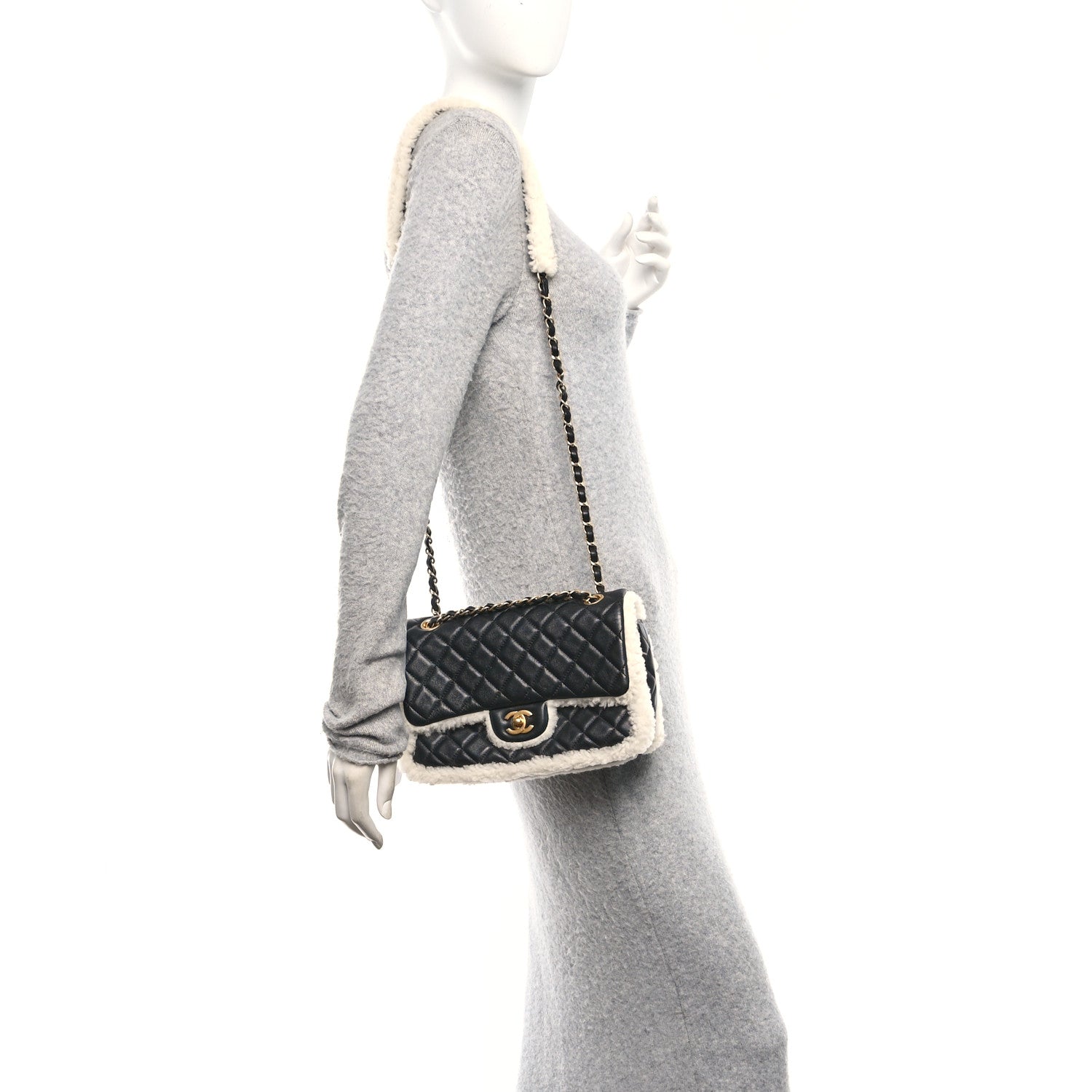 Chanel Lambskin Shearling Large CC Flap Bag Black White 2 of 12