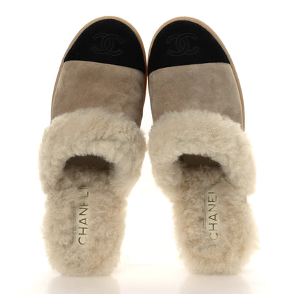 Chanel Suede Shearling CC Cap Toe Mules 38.5 Beige Black 2 of 11