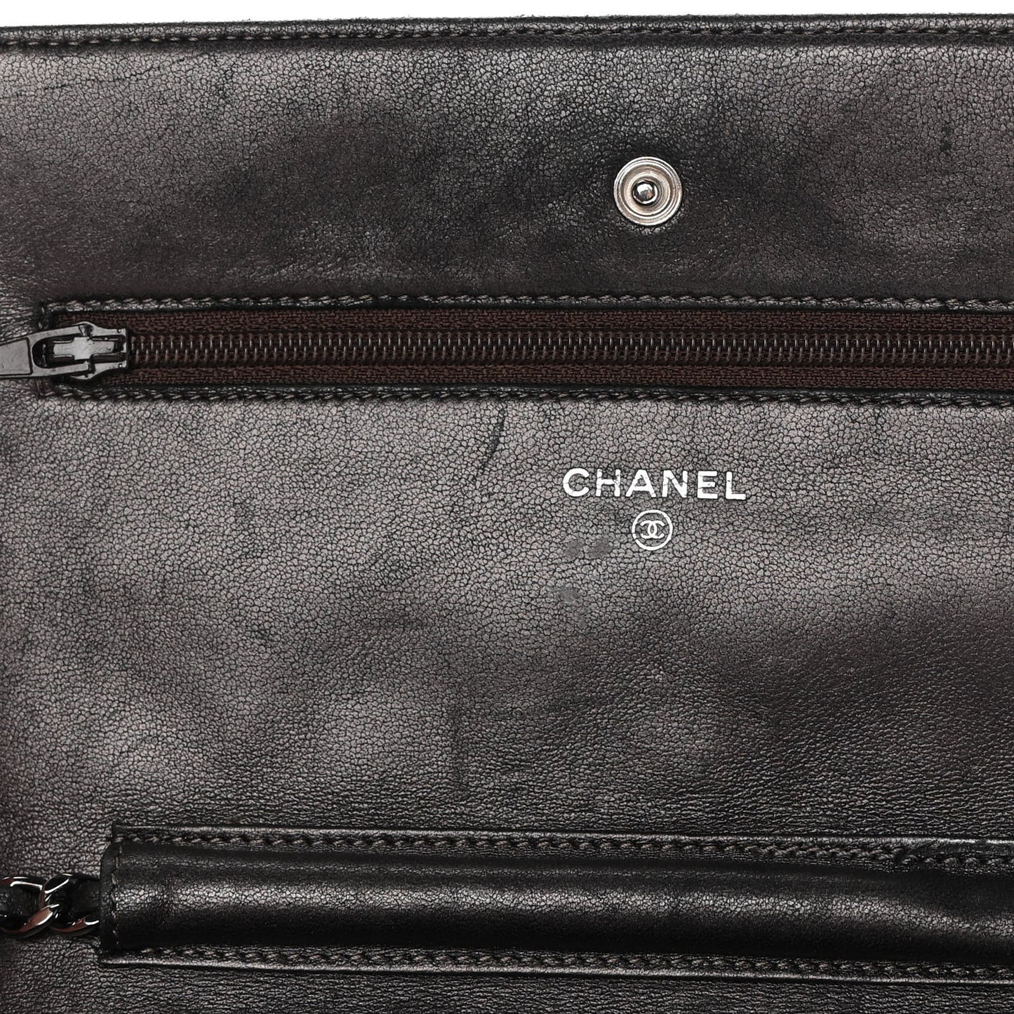 Metallic Lambskin Quilted Wallet On Chain WOC Dark Grey