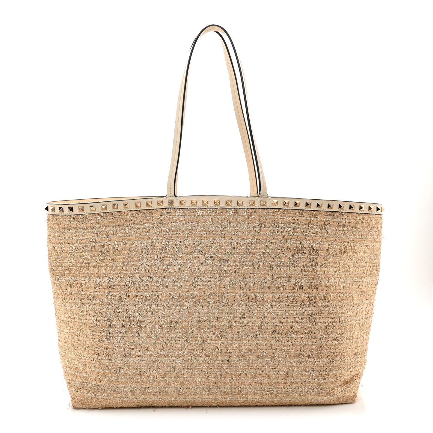 Metallic Boucle Raffia Calfskin Rockstud Shoulder Tote White Gold Ivory