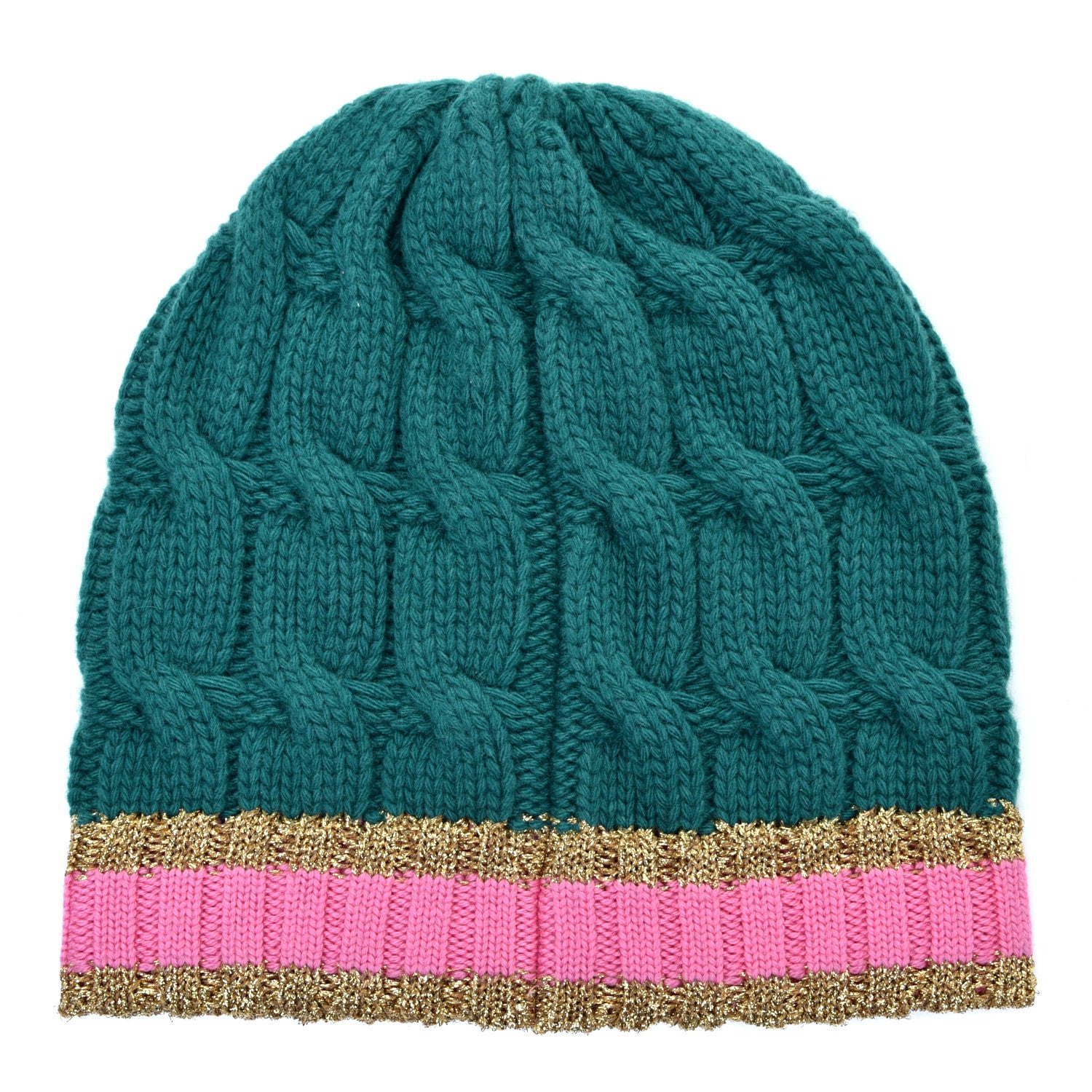 Gucci Wool Cashmere Polyamide Cable Knit Bonhate Beanie Hat M Grass Green Pink 1 of 4
