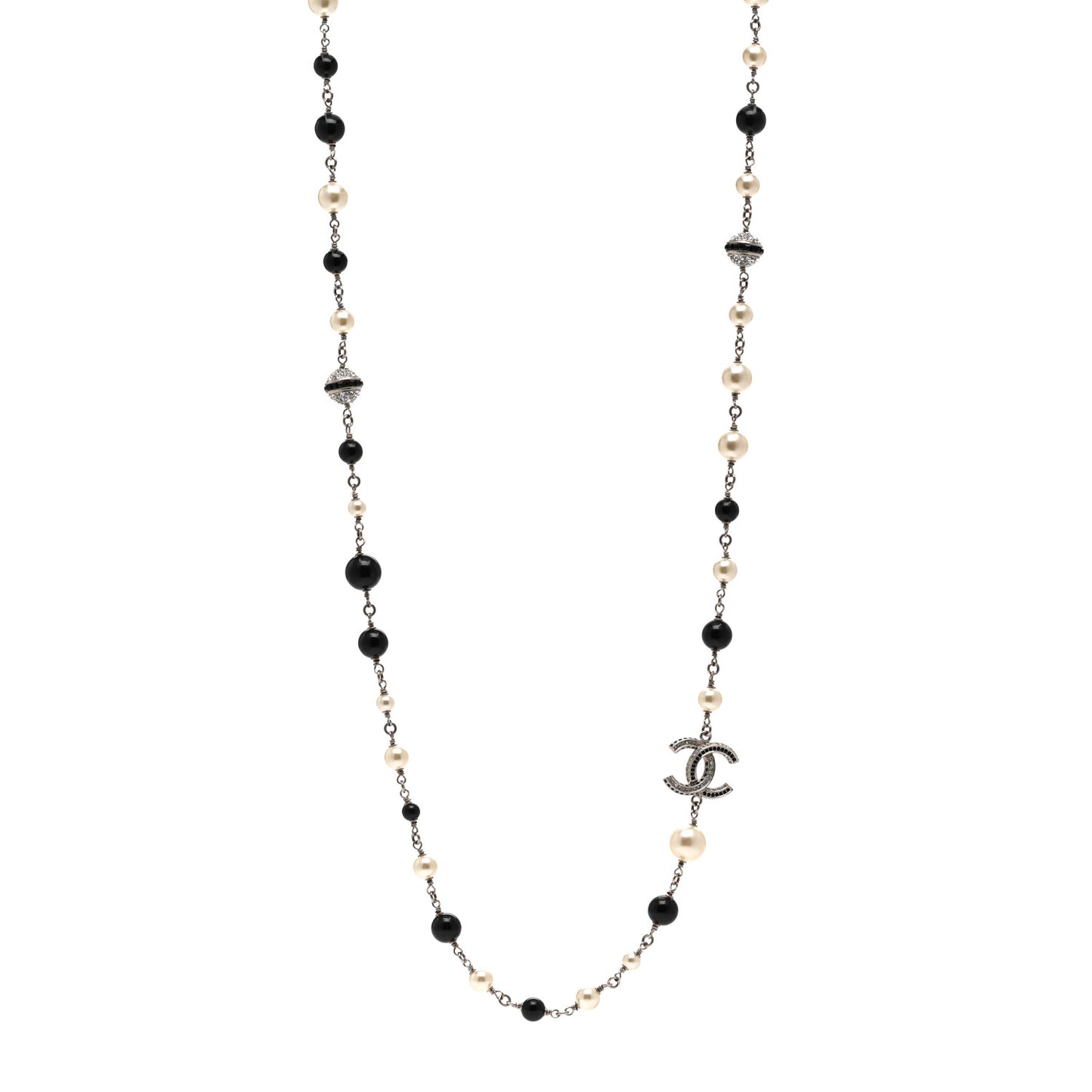 Pearl Crystal Bead CC Long Necklace Silver Black