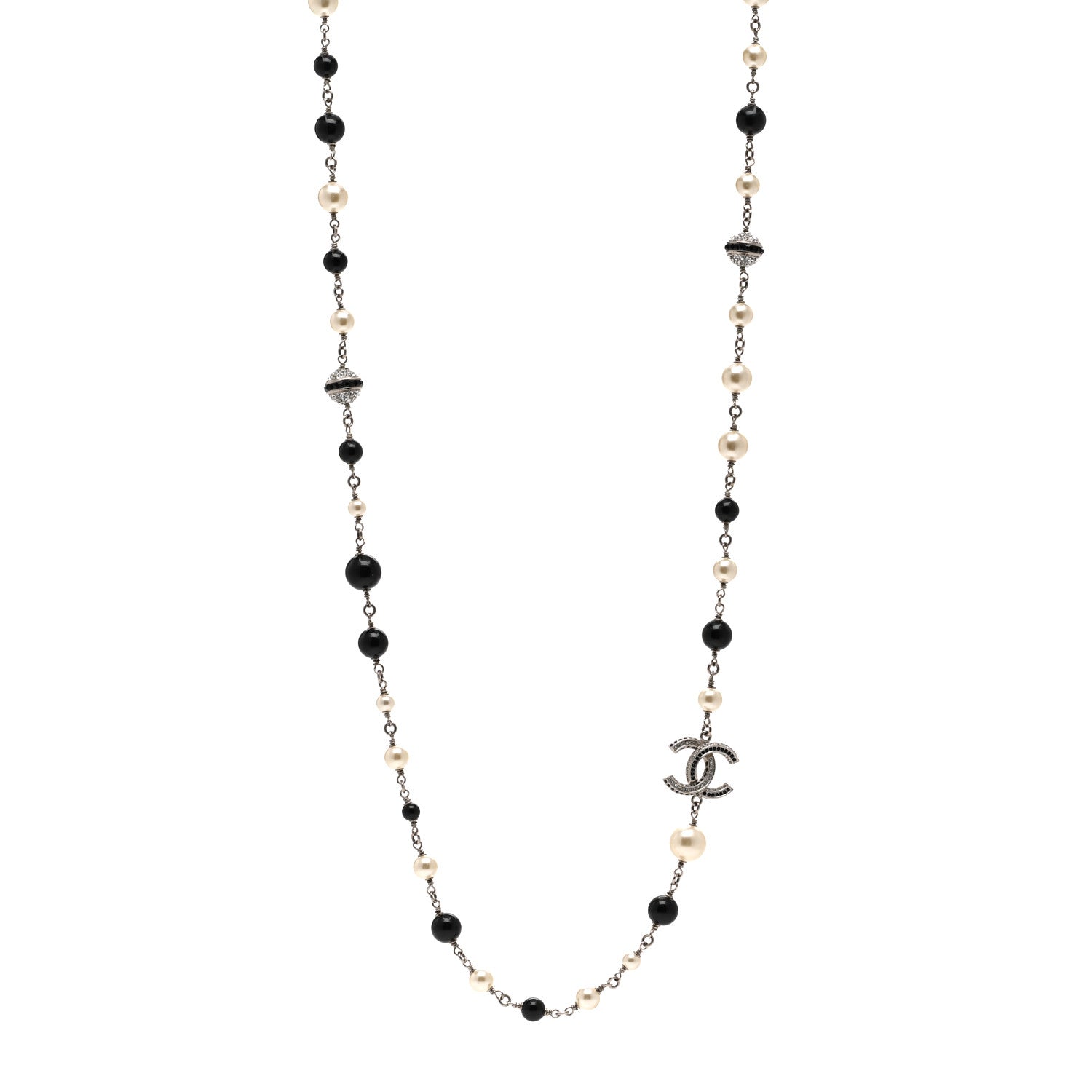 Chanel Pearl Crystal Bead CC Long Necklace Silver Black 1 of 5