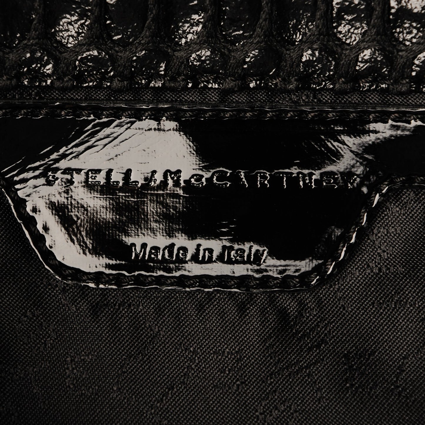 Patent Net Fold Over Falabella Clutch Black
