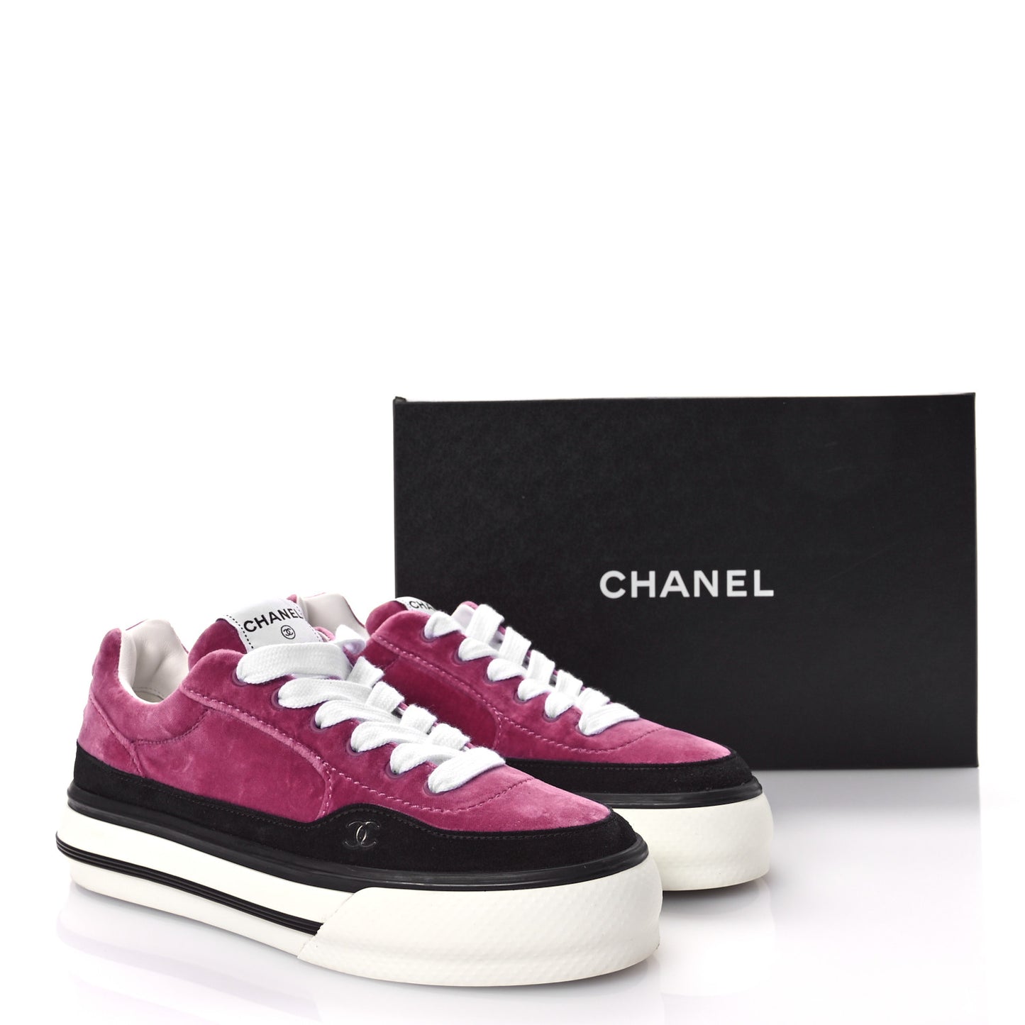 Calfskin Velvet Womens CC Sneakers 40.5 Black Pink