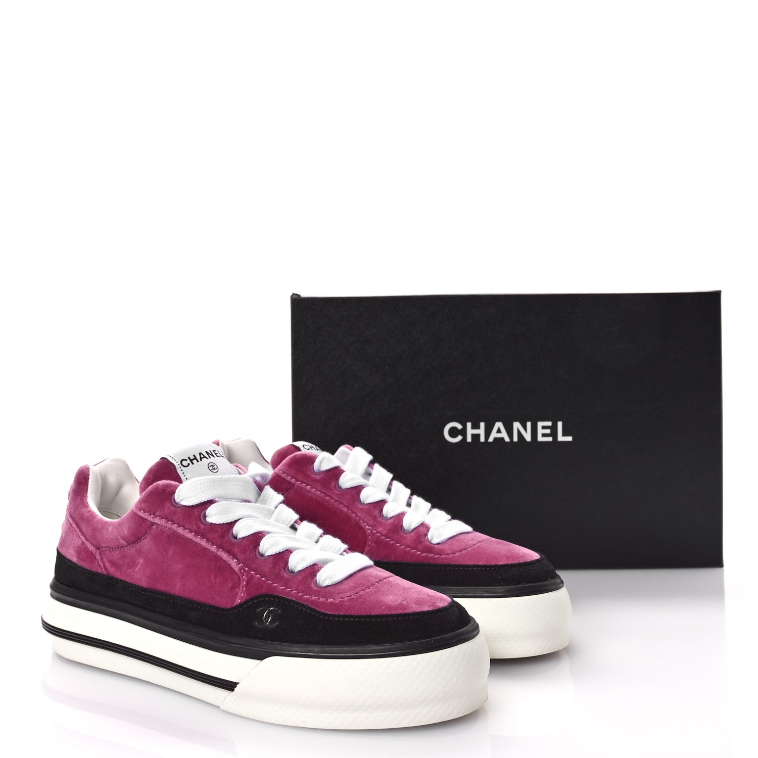 Chanel Calfskin Velvet Womens CC Sneakers 40.5 Black Pink 8 of 9