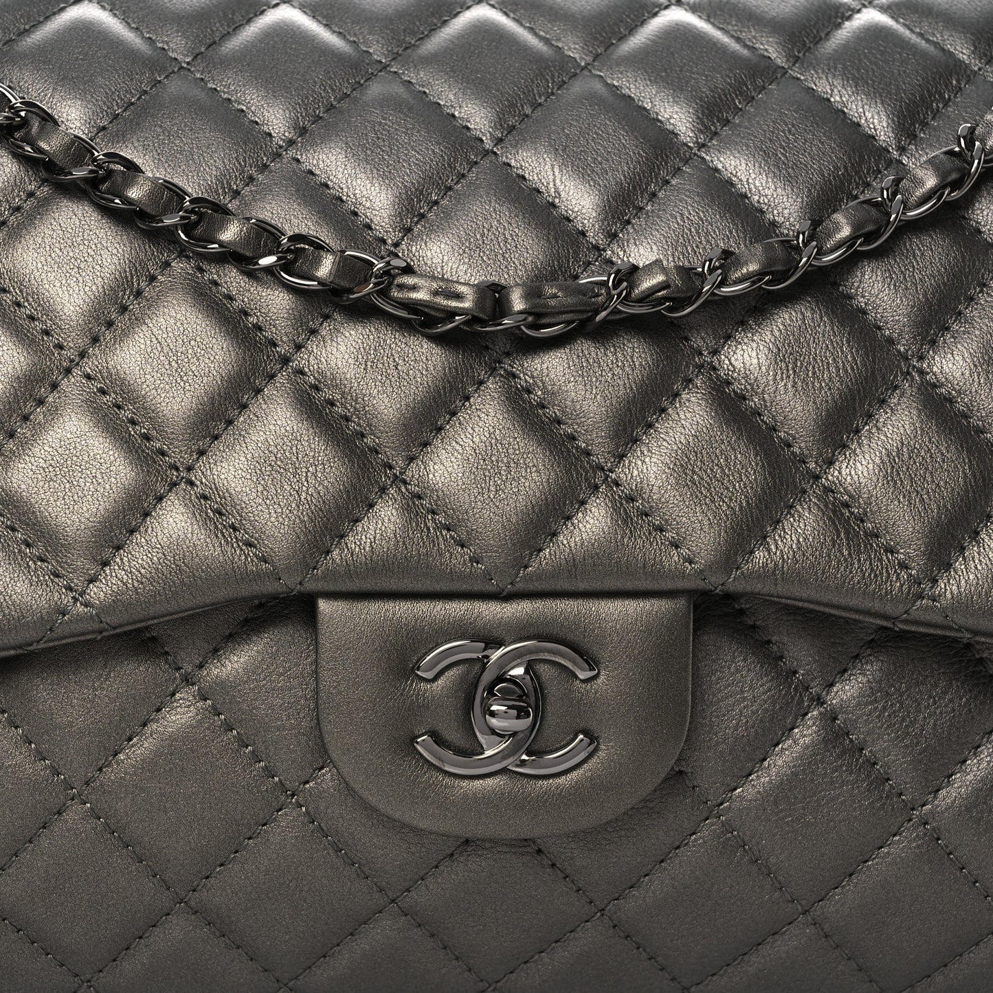 Metallic Lambskin Quilted XXL Travel Flap Bag  Dark Grey