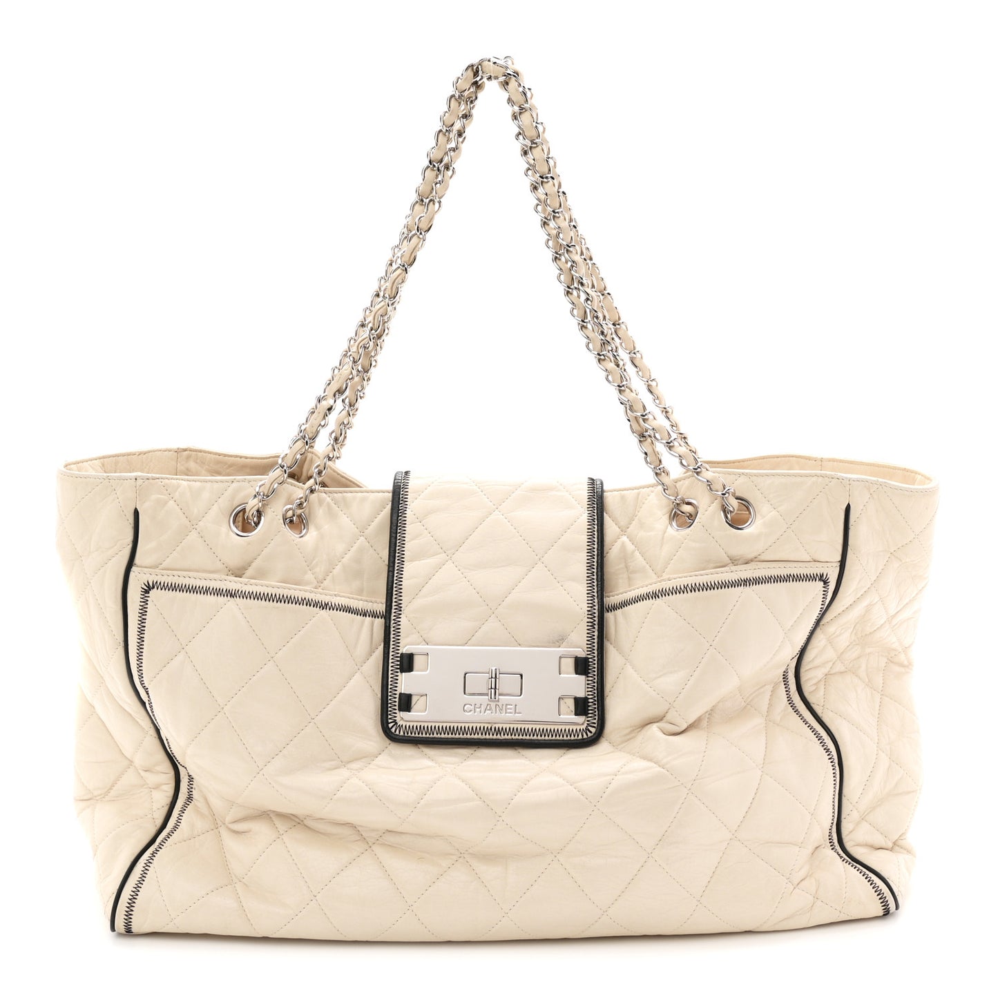 Glazed Lambskin Quilted North South XL Tote White