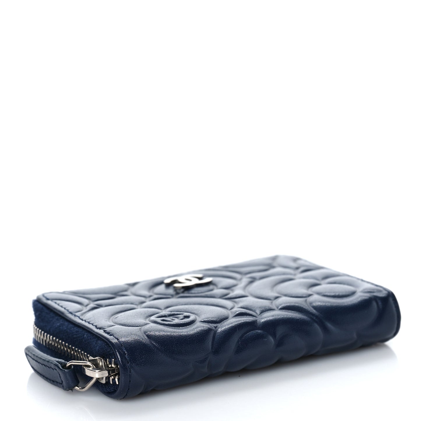 Lambskin Camellia Embossed Zip Coin Purse Navy