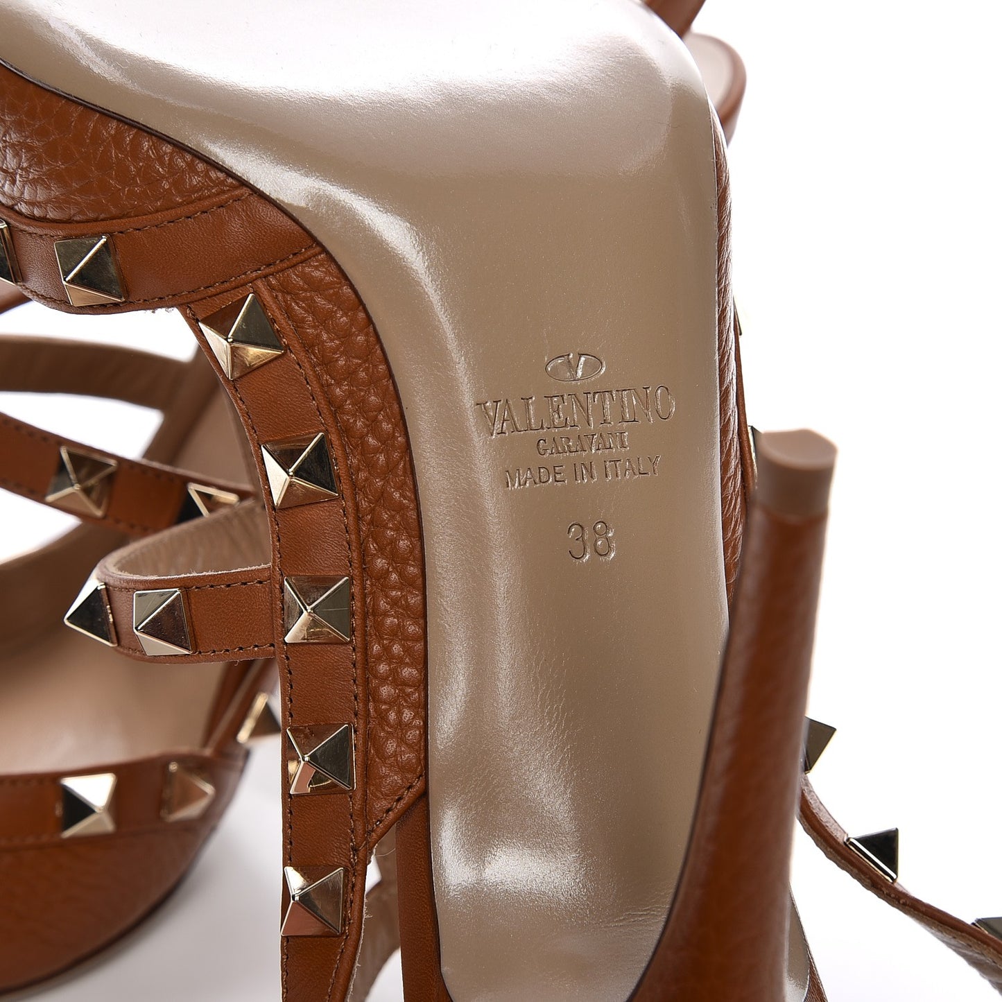 Pebbled Calfskin Rockstud Ankle Strap Pumps 38 Light Cuir