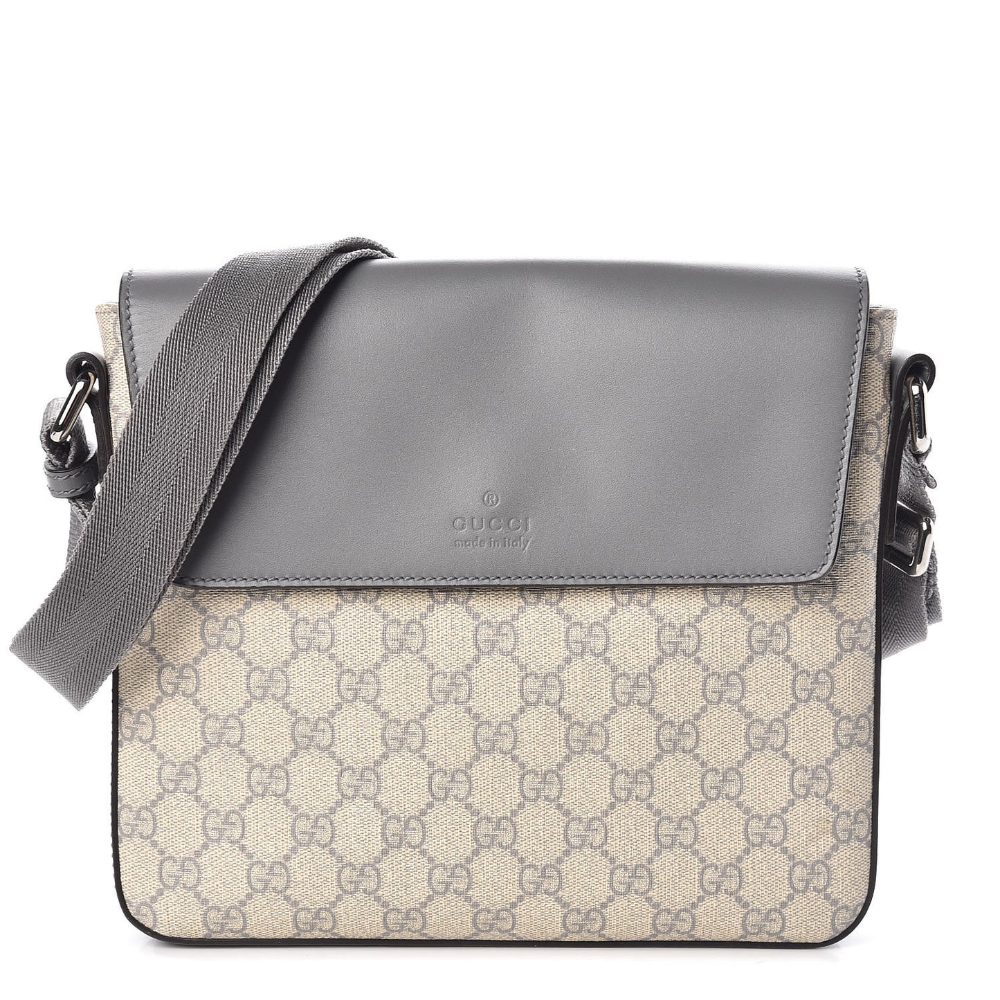 GG Supreme Monogram Selleria Calfskin Medium Satchel Messenger Bag Ecru Grigio