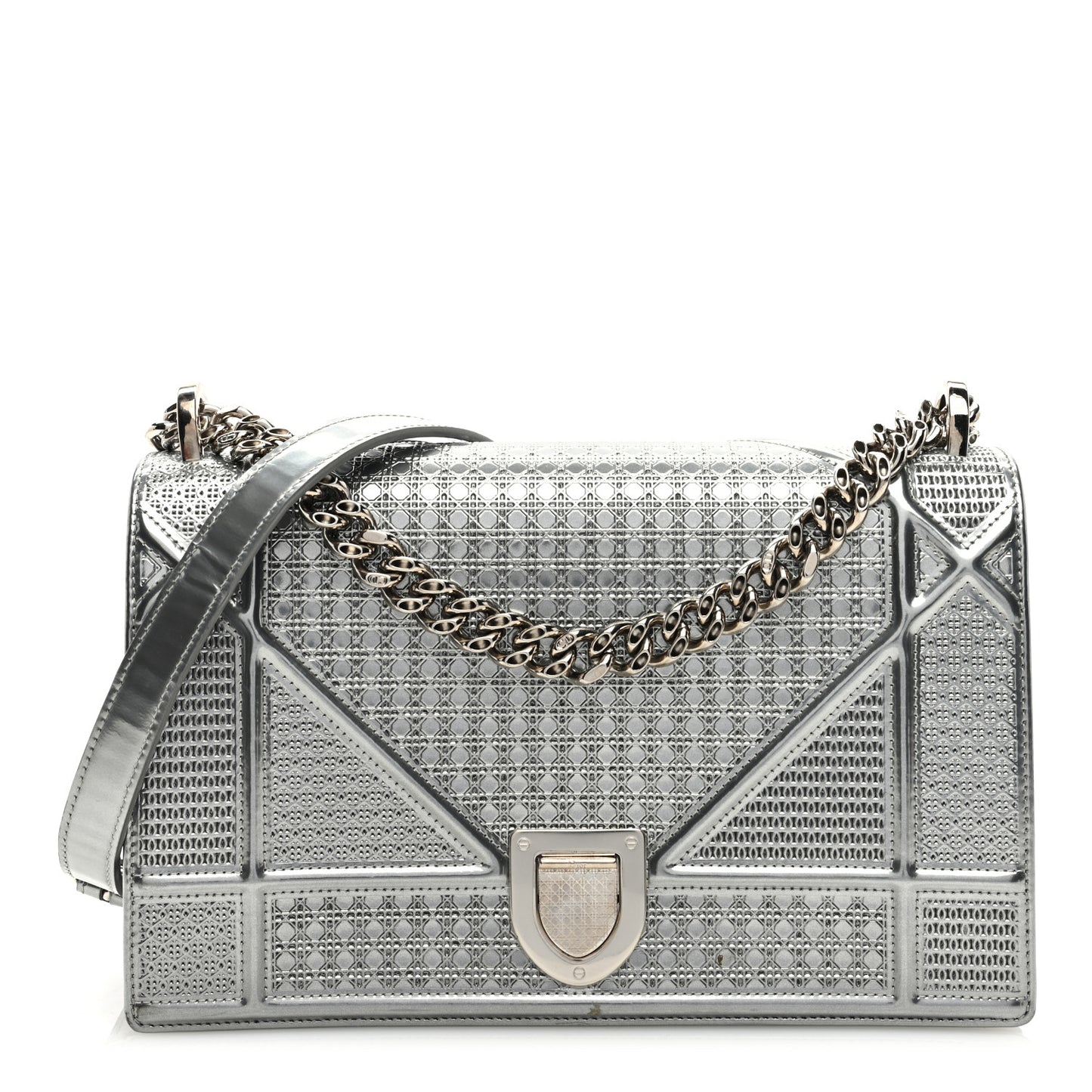 CHRISTIAN DIOR Metallic Patent Micro-Cannage Medium Diorama Flap Bag Silver