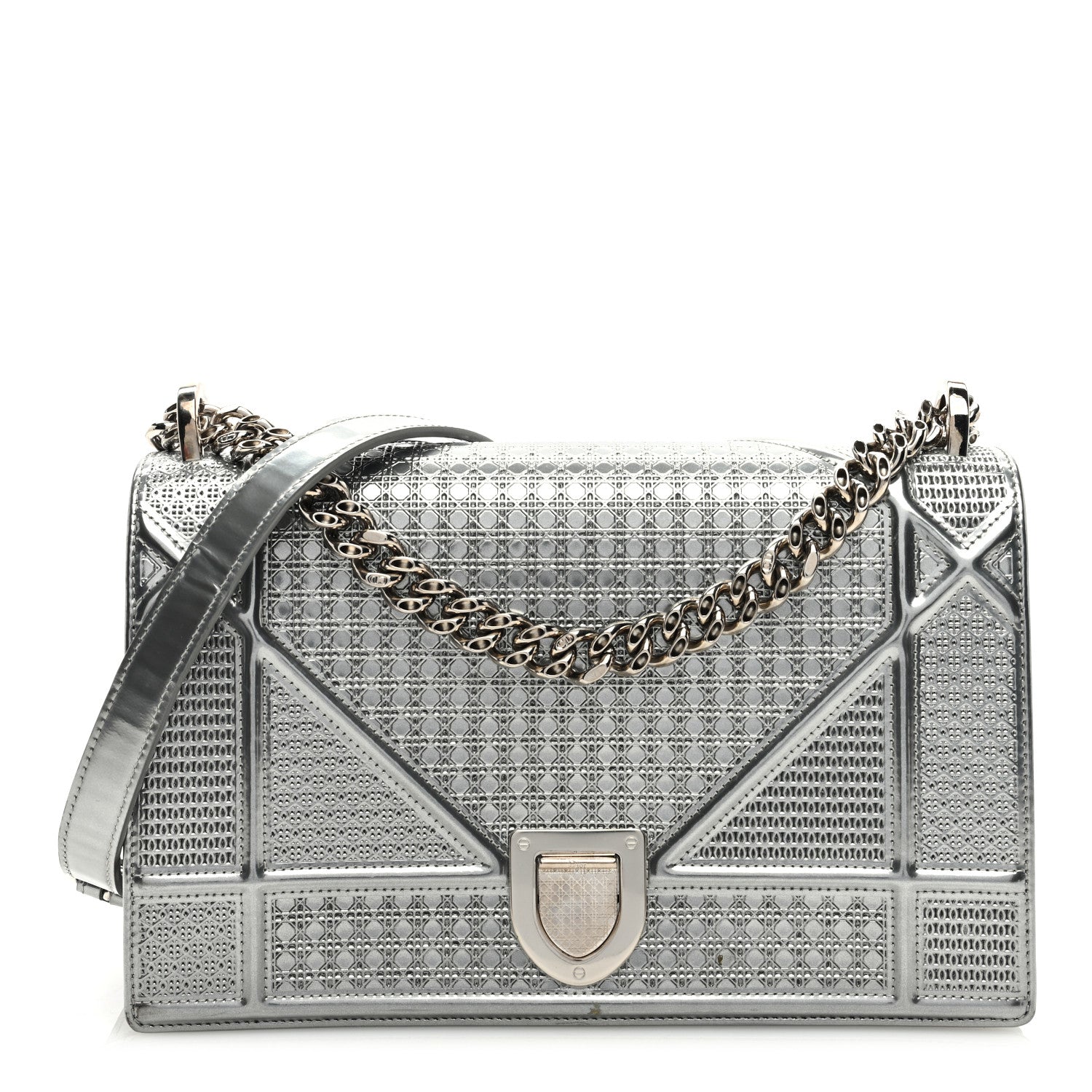 Christian Dior CHRISTIAN DIOR Metallic Patent Micro-Cannage Medium Diorama Flap Bag Silver 1 of 9